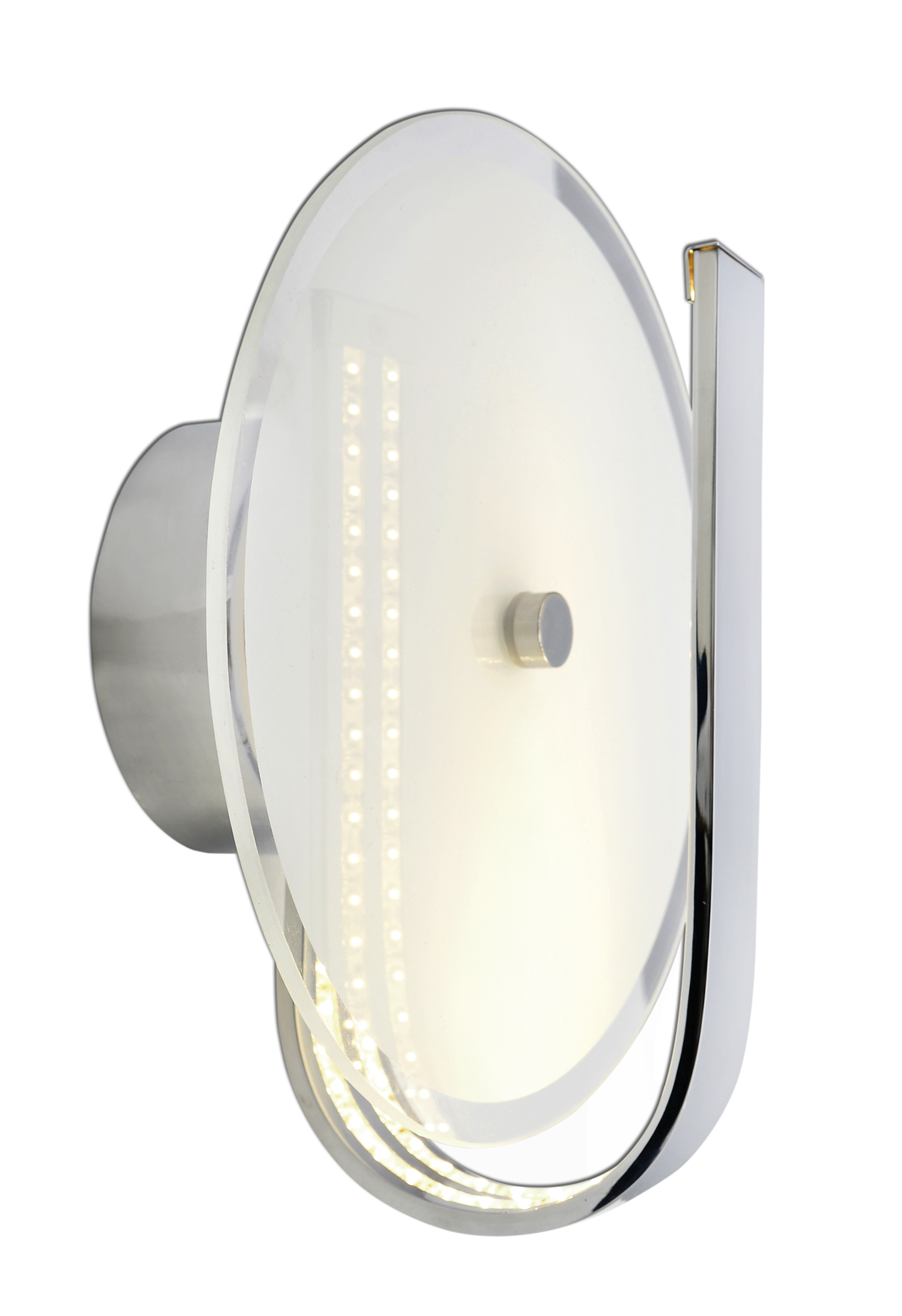 Silberne und gläserne Wandleuchte, U-förmiger Arm und kreisförmiges Design mit Lichtern.
