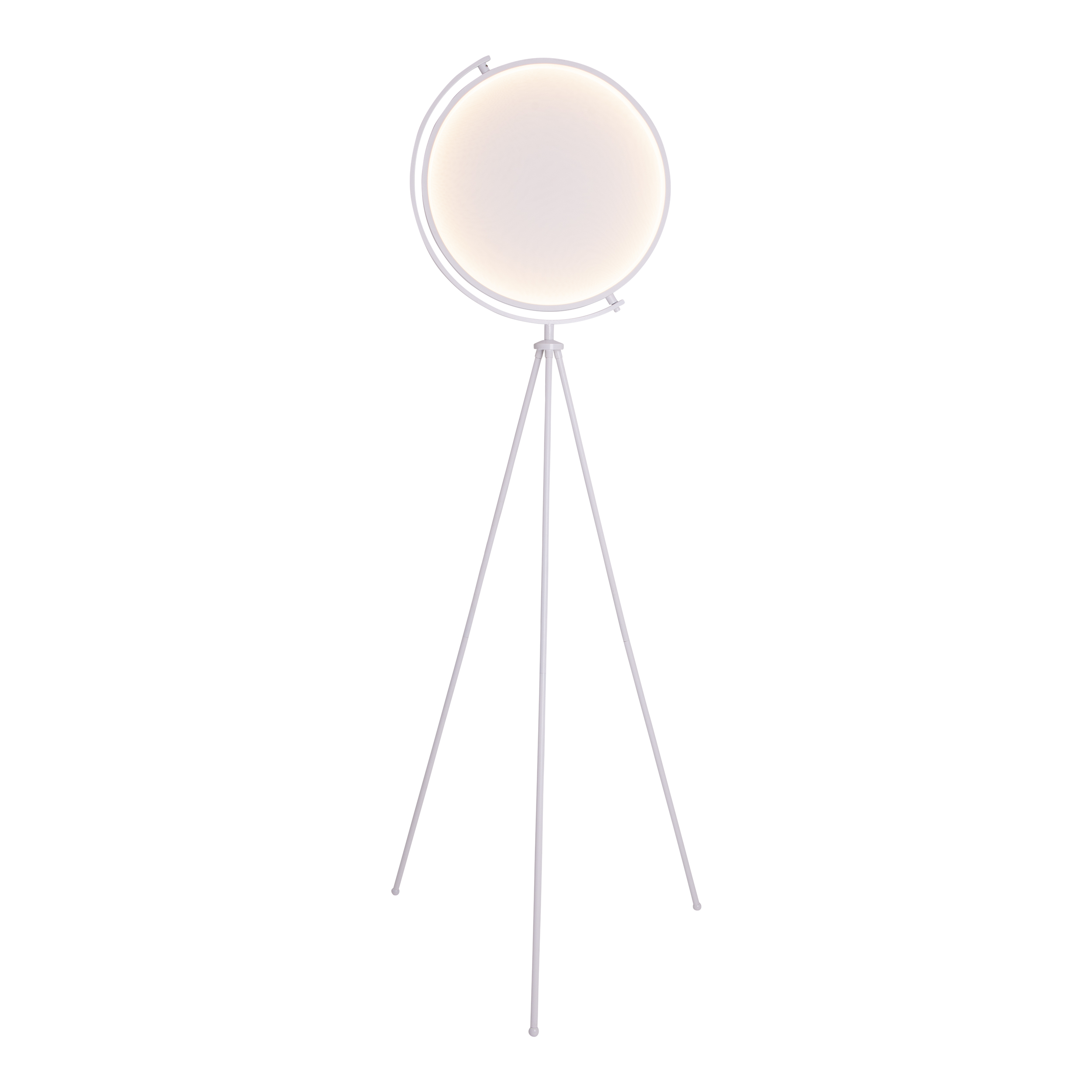 Eine weiße Stehlampe mit kreisförmigem Licht und drei Beinen, isoliert auf Weiß.