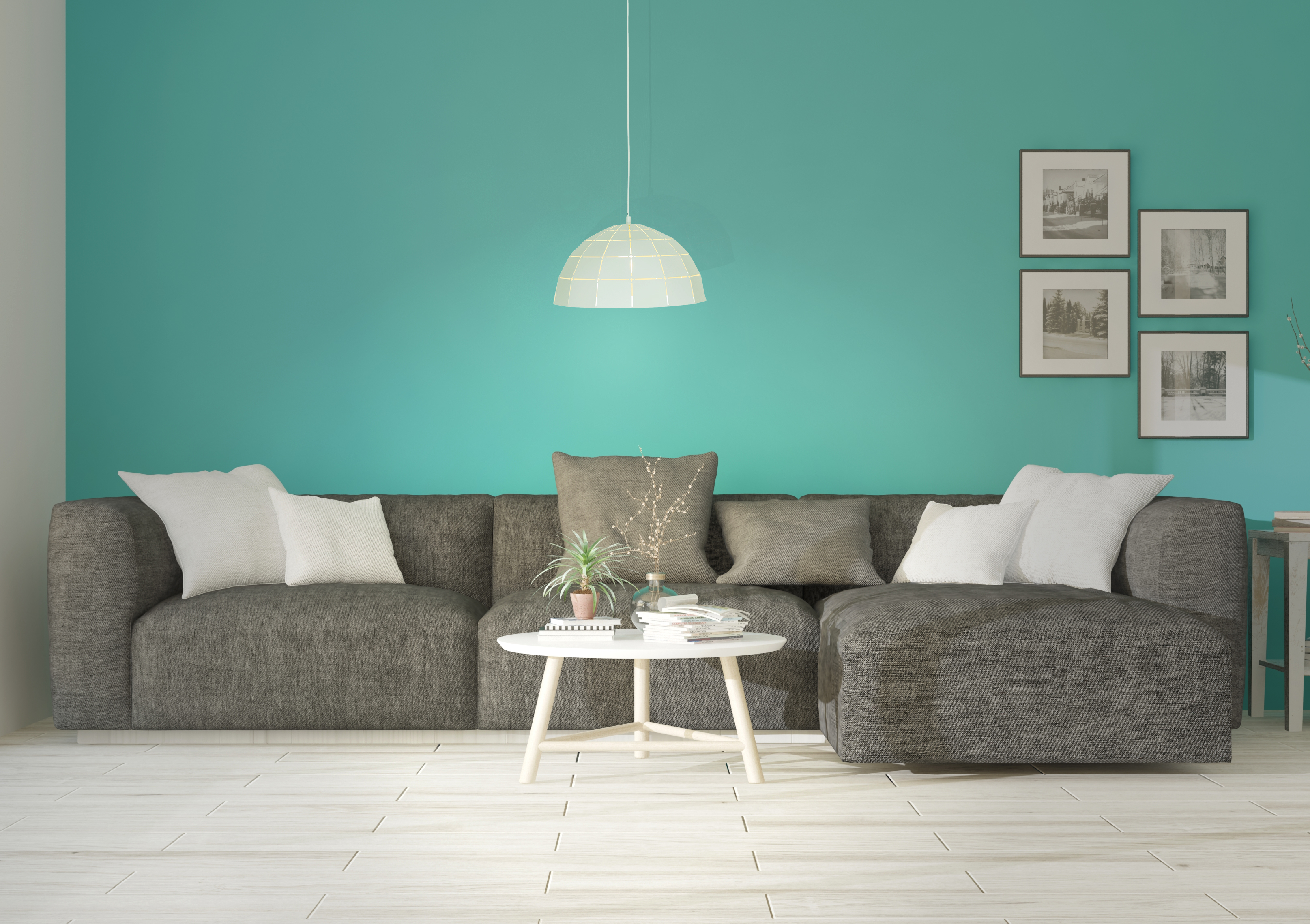 Wohnzimmer mit türkisfarbener Wand. Graues Sofa, weiße Kissen und ein runder Tisch mit Pflanzen. Bilder an der Wand.