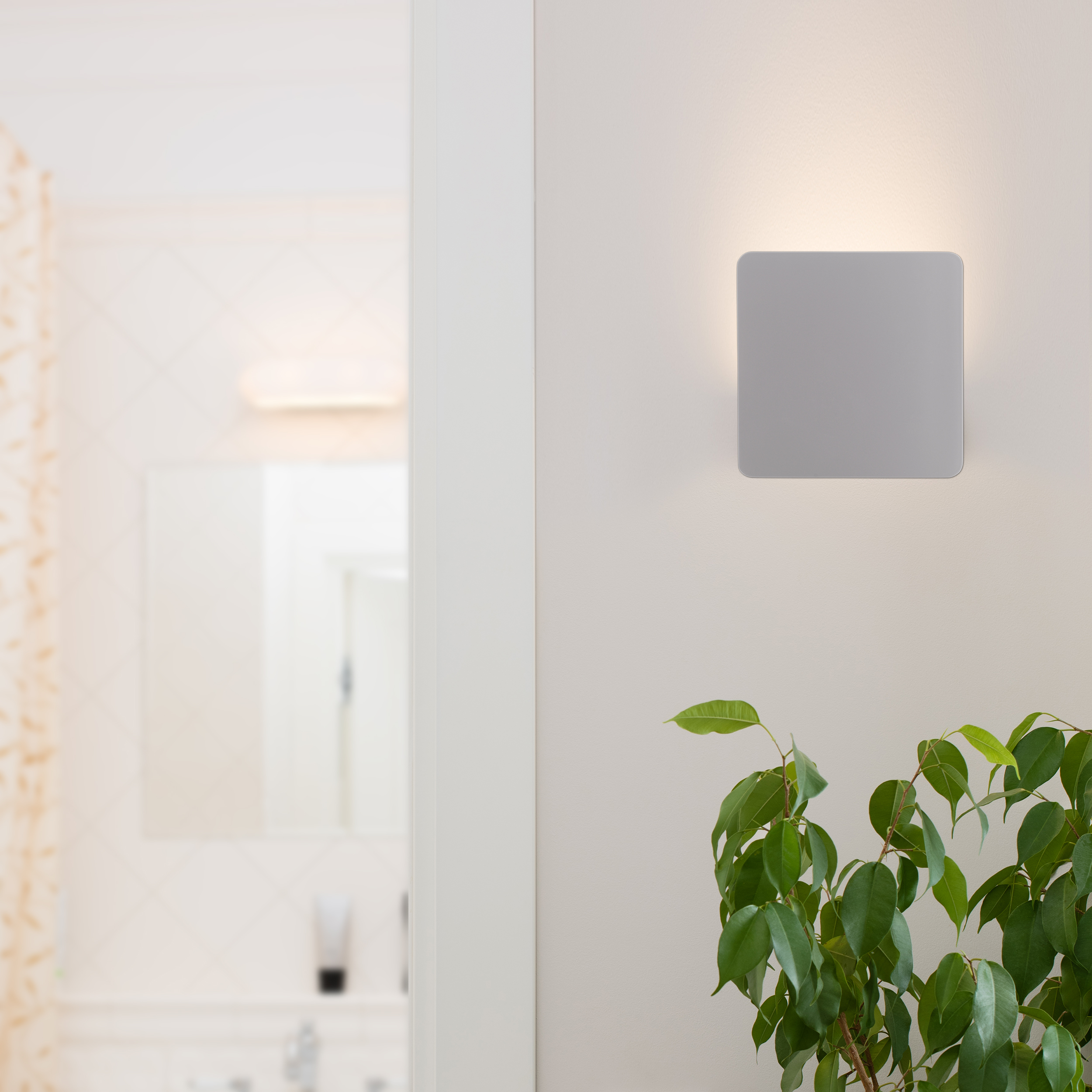 Ein modernes Zimmer mit weißer Wand, quadratischer Leuchte und Pflanze. Ein Spiegel im Hintergrund.