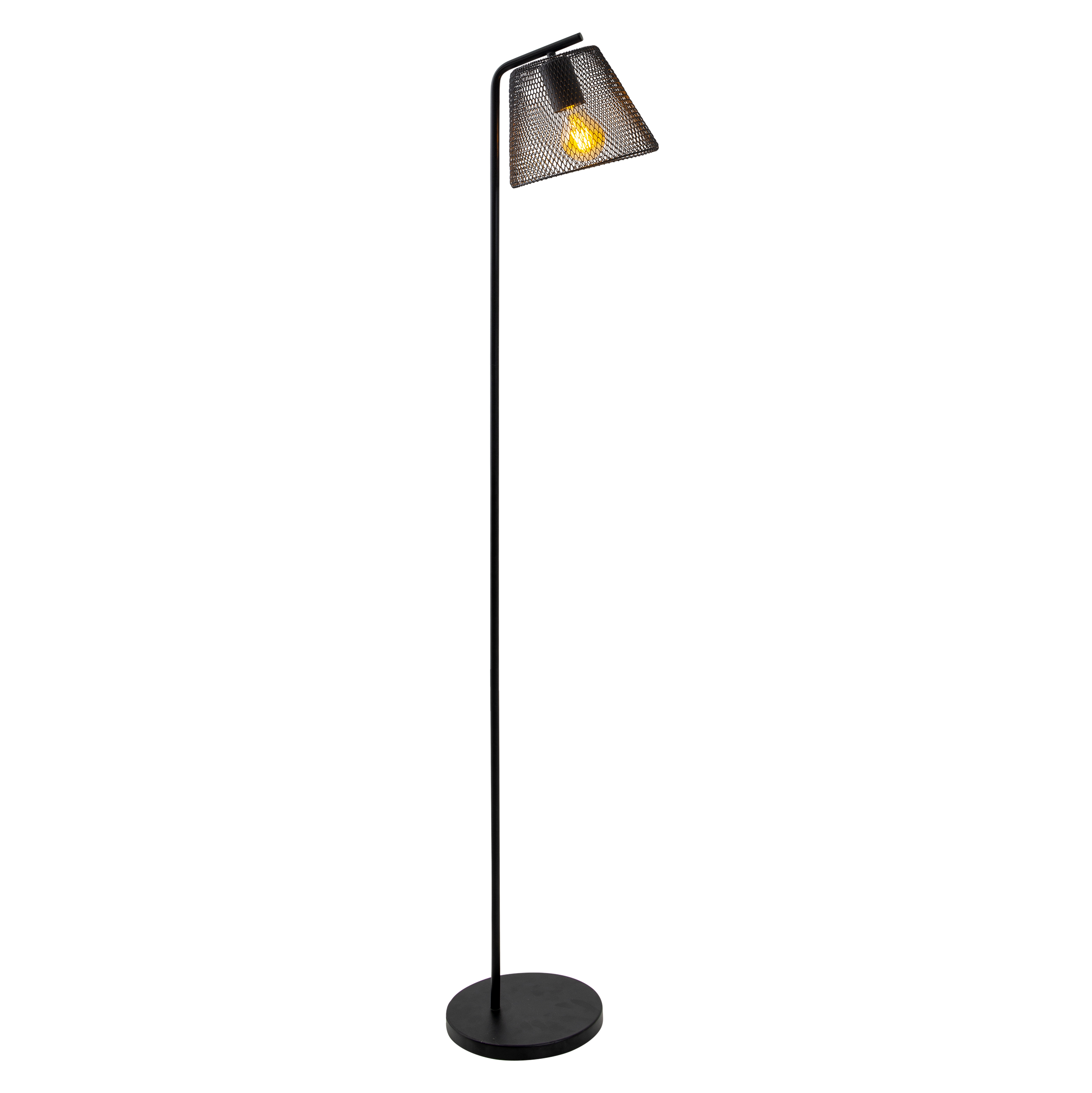 Schwarze Stehlampe. Sie hat einen Drahtgeflechtschirm mit einer sichtbaren Glühbirne.