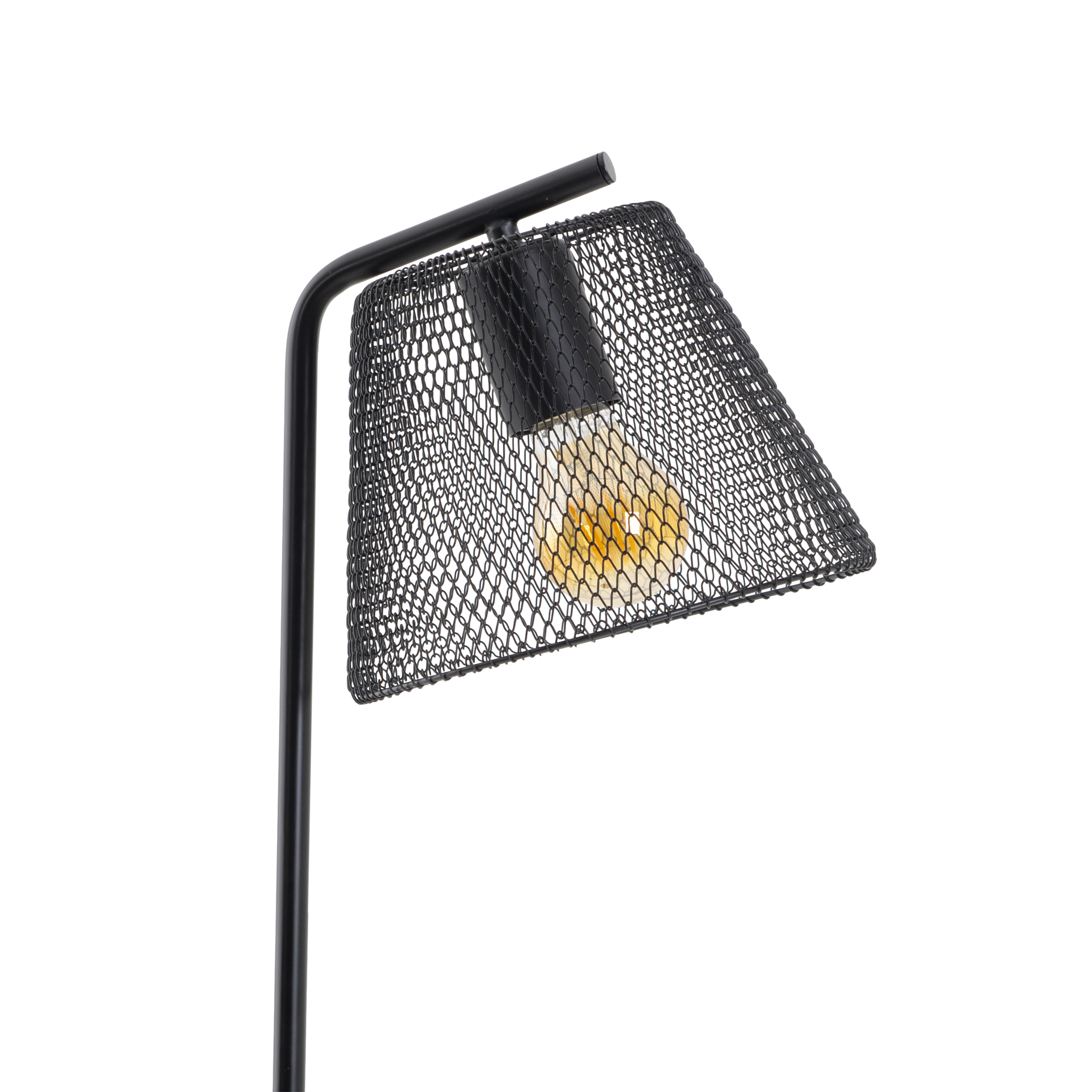 Eine schwarze, abgewinkelte Tischlampe mit Drahtgeflechtschirm.