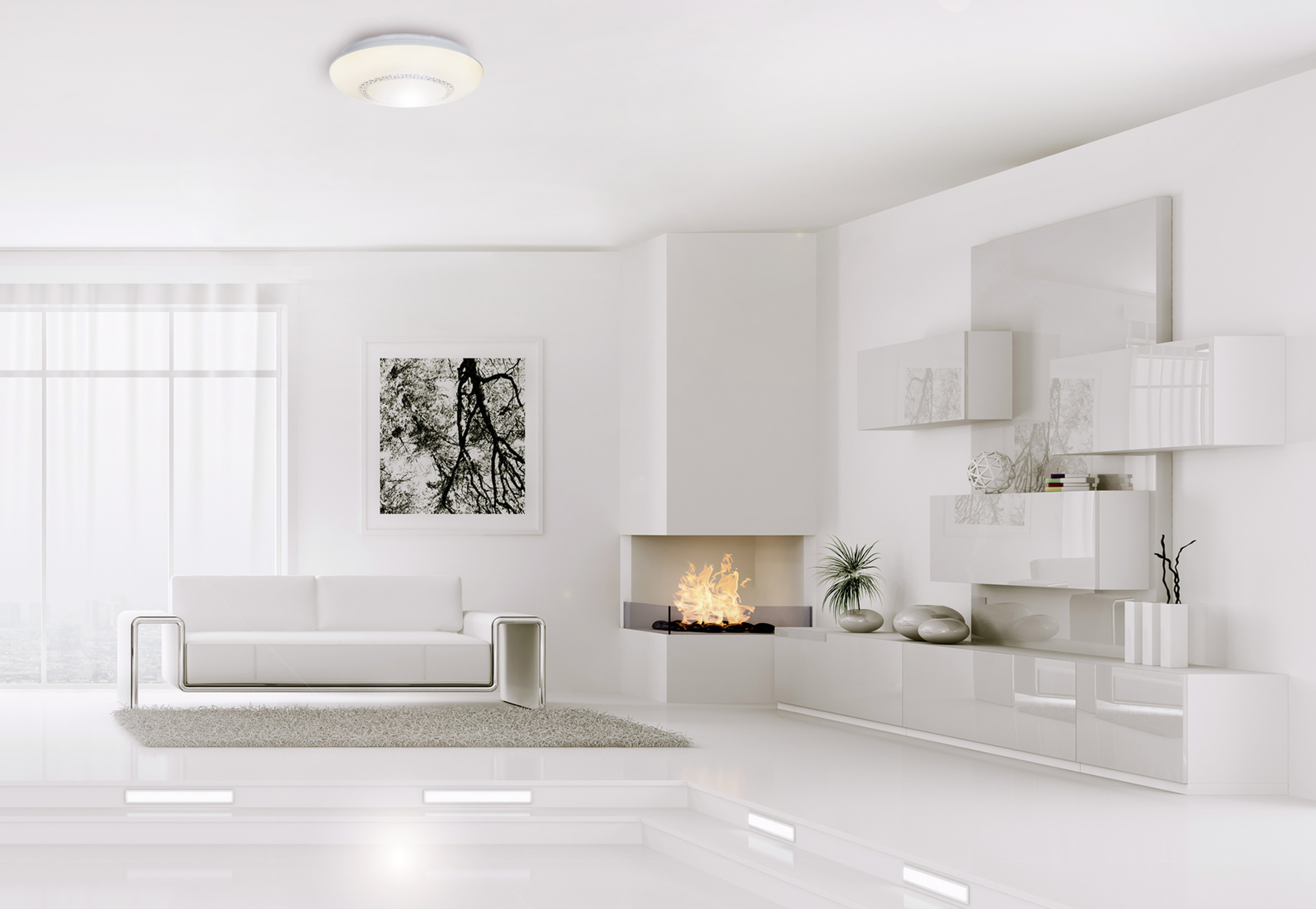 Ein modernes, weißes Wohnzimmer. Merkmale: weißes Sofa, Kamin und minimalistisches Design.