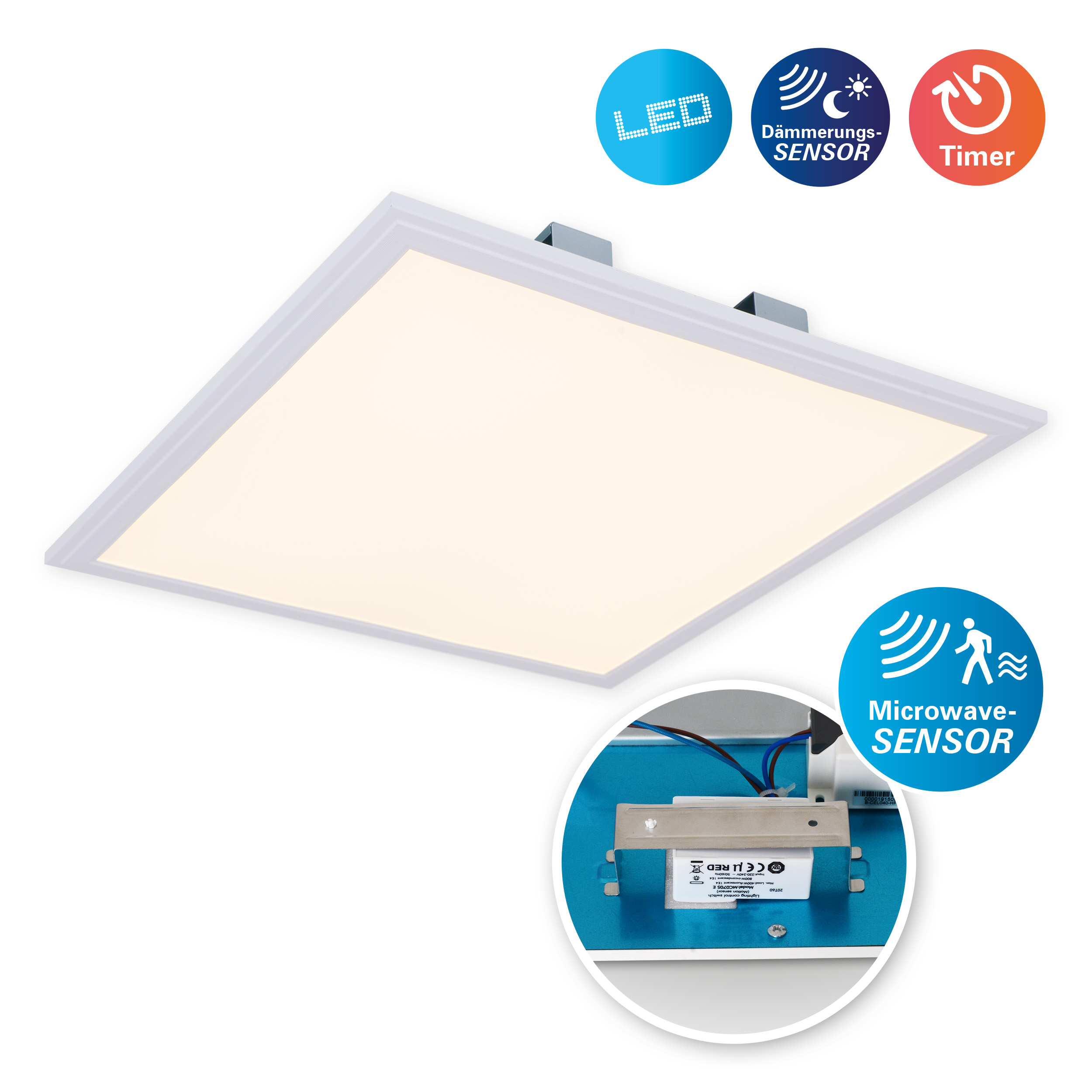 Weiße quadratische LED-Deckenleuchte mit Details des Sensors und mehr, vor weißem Hintergrund.