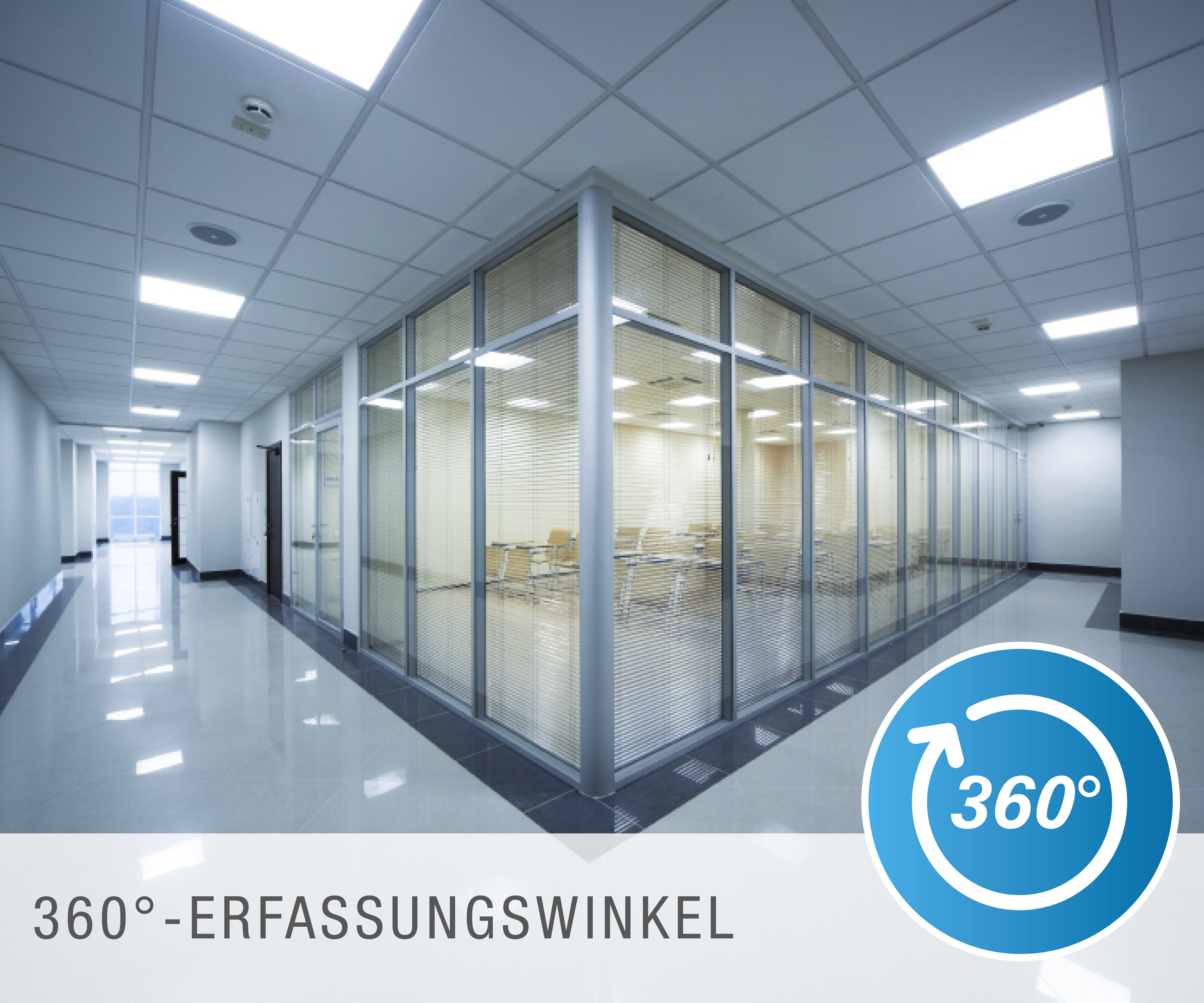 Ein moderner Büroflur mit Glaswänden, 360°-Ansicht-Logo im Vordergrund.