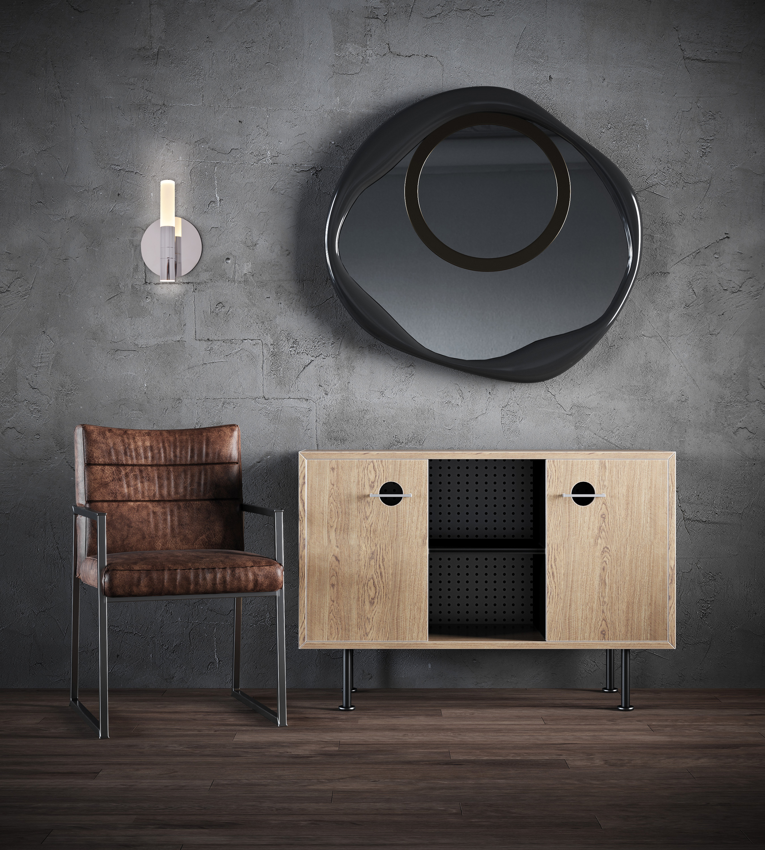 Ein modernes Interieur mit Möbeln, Spiegel und einer Wandleuchte.