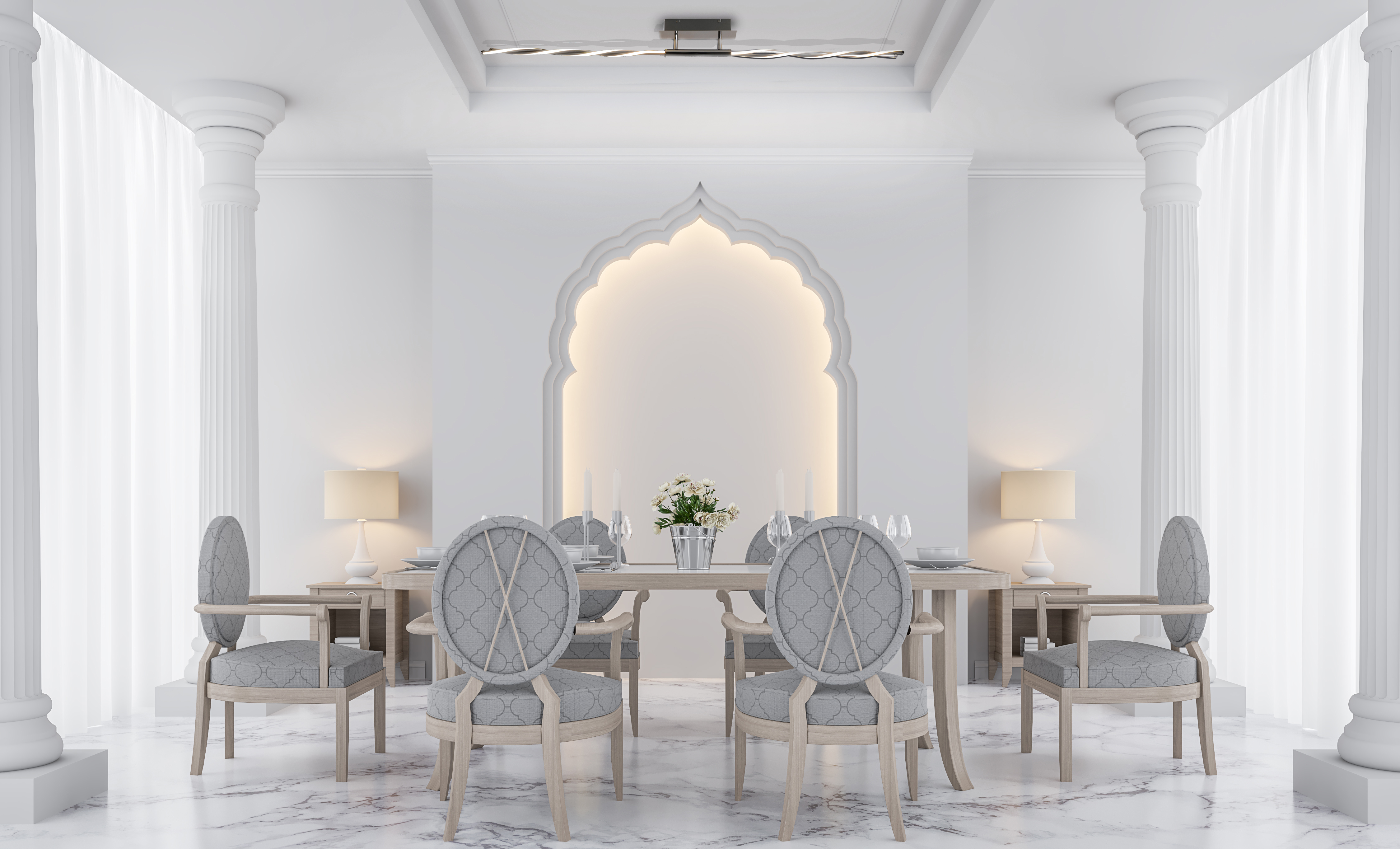 Elegantes Esszimmer mit weißen Wänden, Marmorboden und einem langen Tisch mit Stühlen.