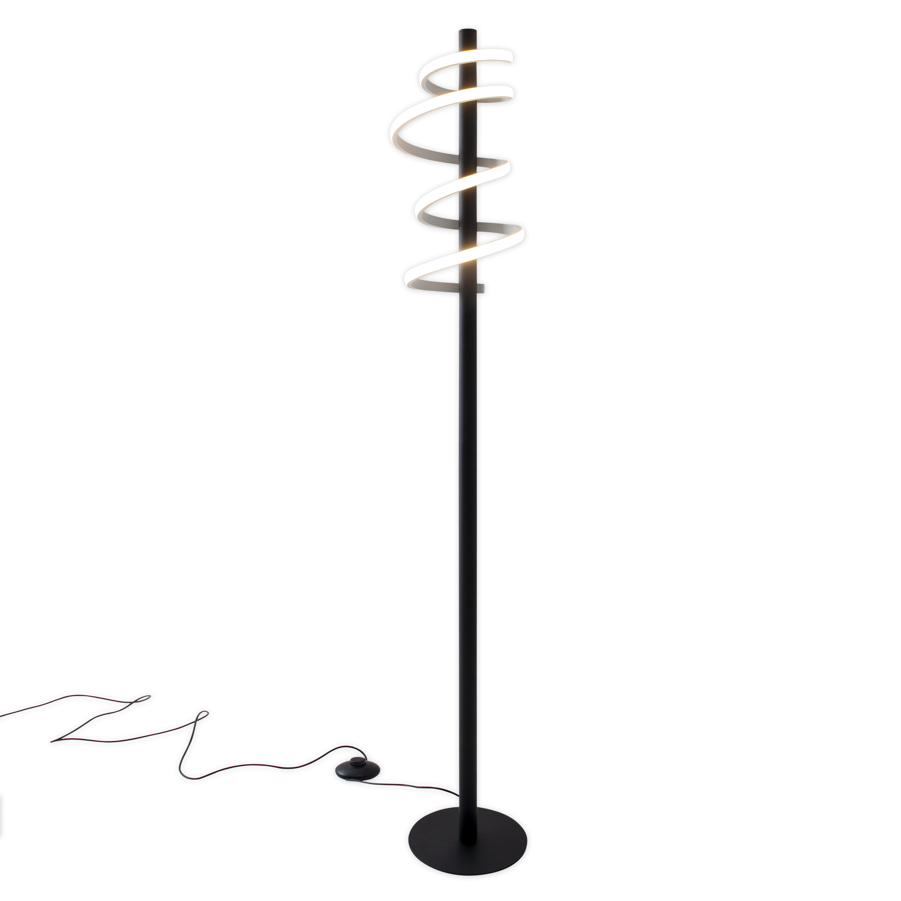 Hohe schwarze Stehlampe mit einer weißen, spiralförmigen Leuchte.