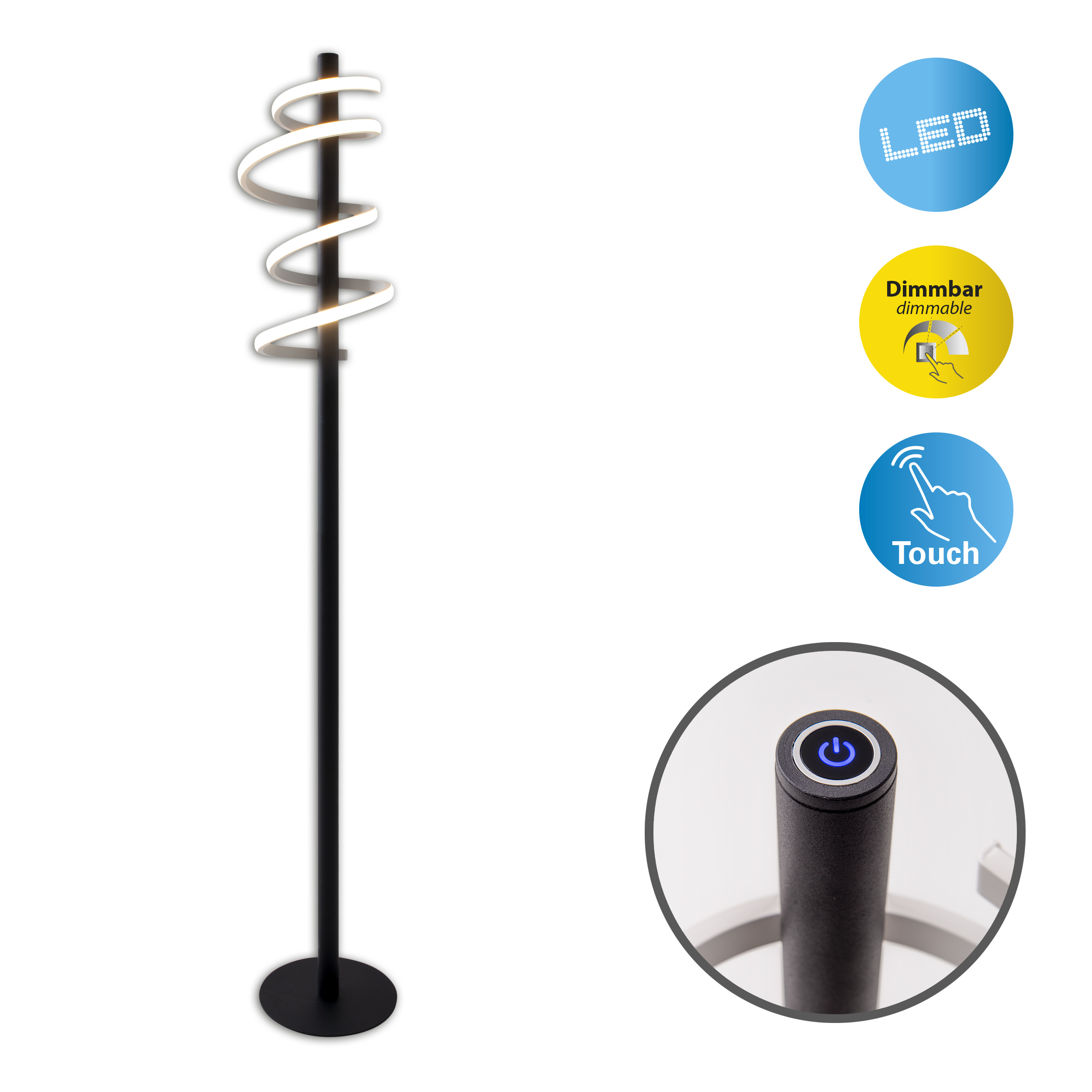 Schwarz-weiße LED-Spirale-Stehlampe mit Touch-Steuerung und Dimmfunktion.