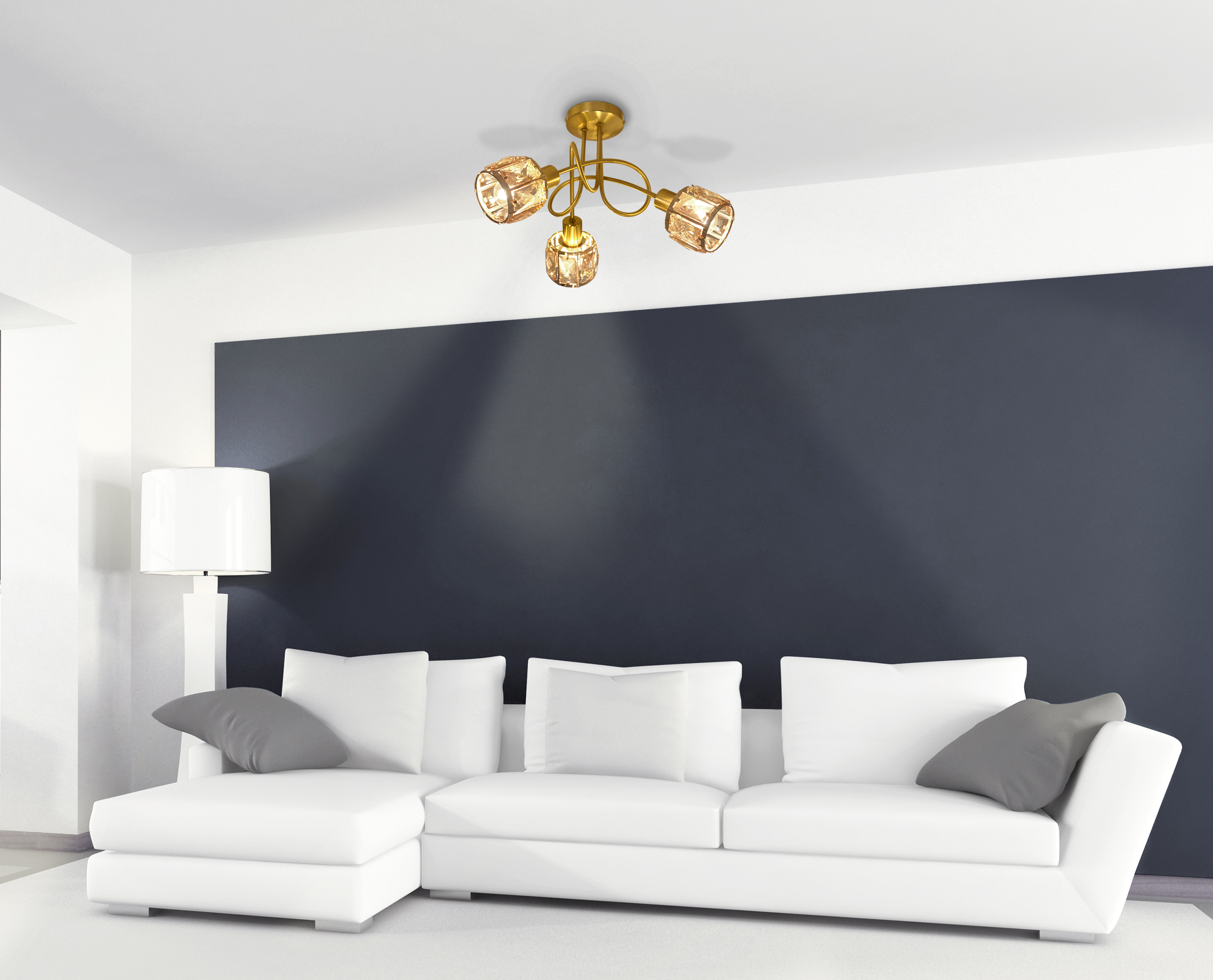 Wohnzimmer mit weißem Ecksofa, goldener Deckenleuchte und dunkelblauer Wand.