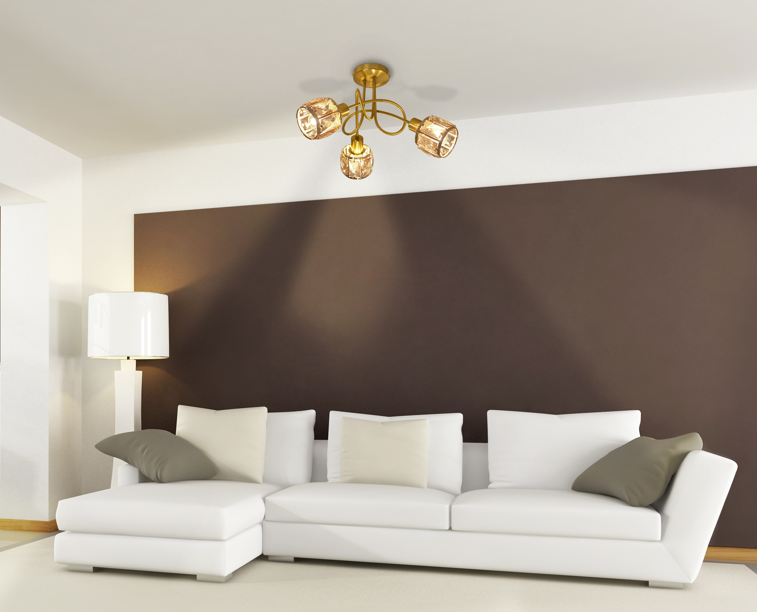 Wohnzimmerszene mit weißem Sofa und Deckenleuchte. Neutrale Farben.