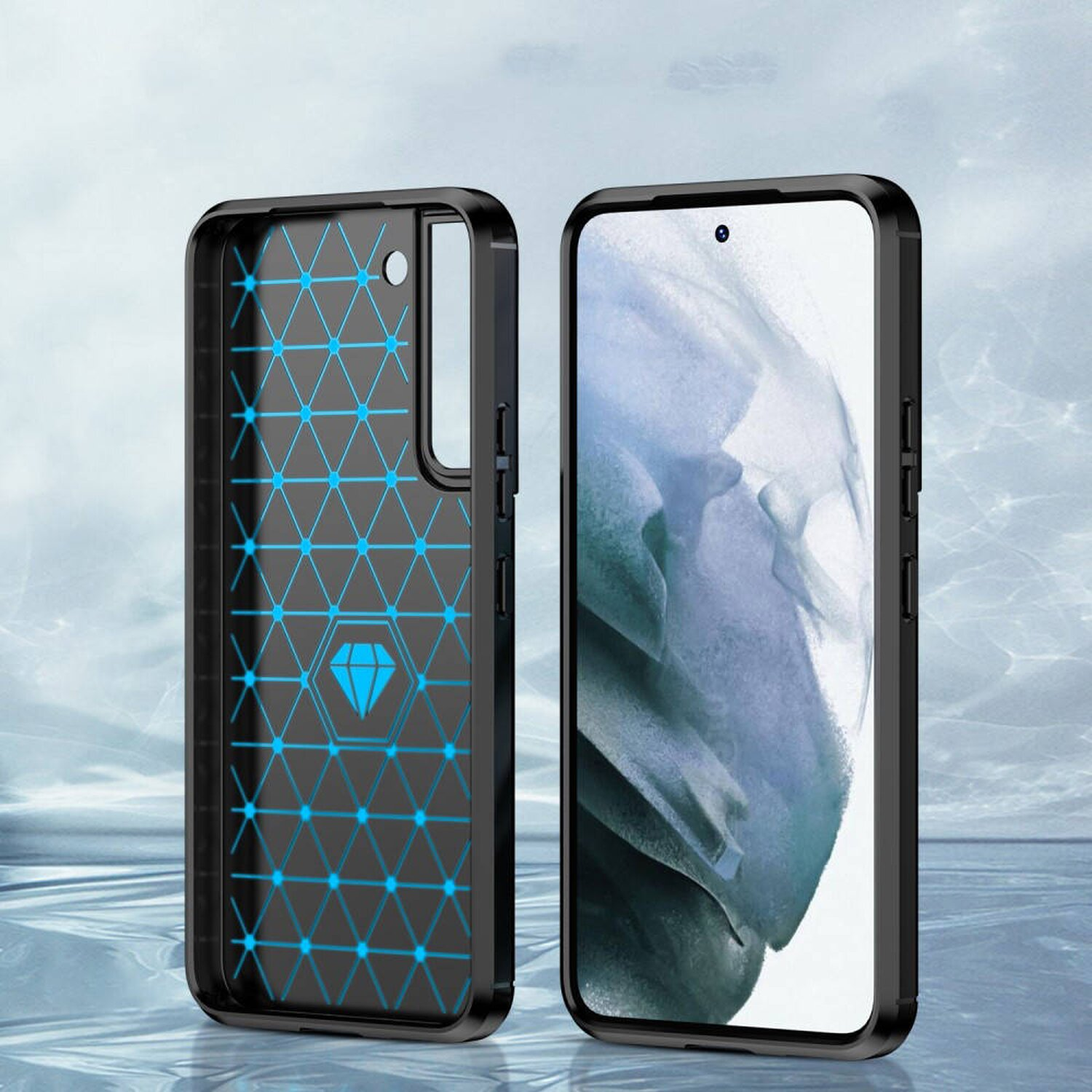 Schwarze Handyhülle mit blauem geometrischem Muster innen und Telefon.