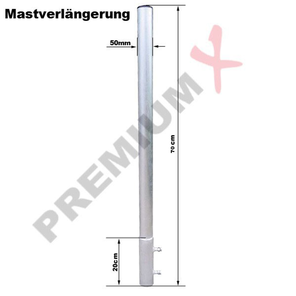 Eine silberne Polverlängerung mit Abmessungen, mit einem roten Premium-Logo.