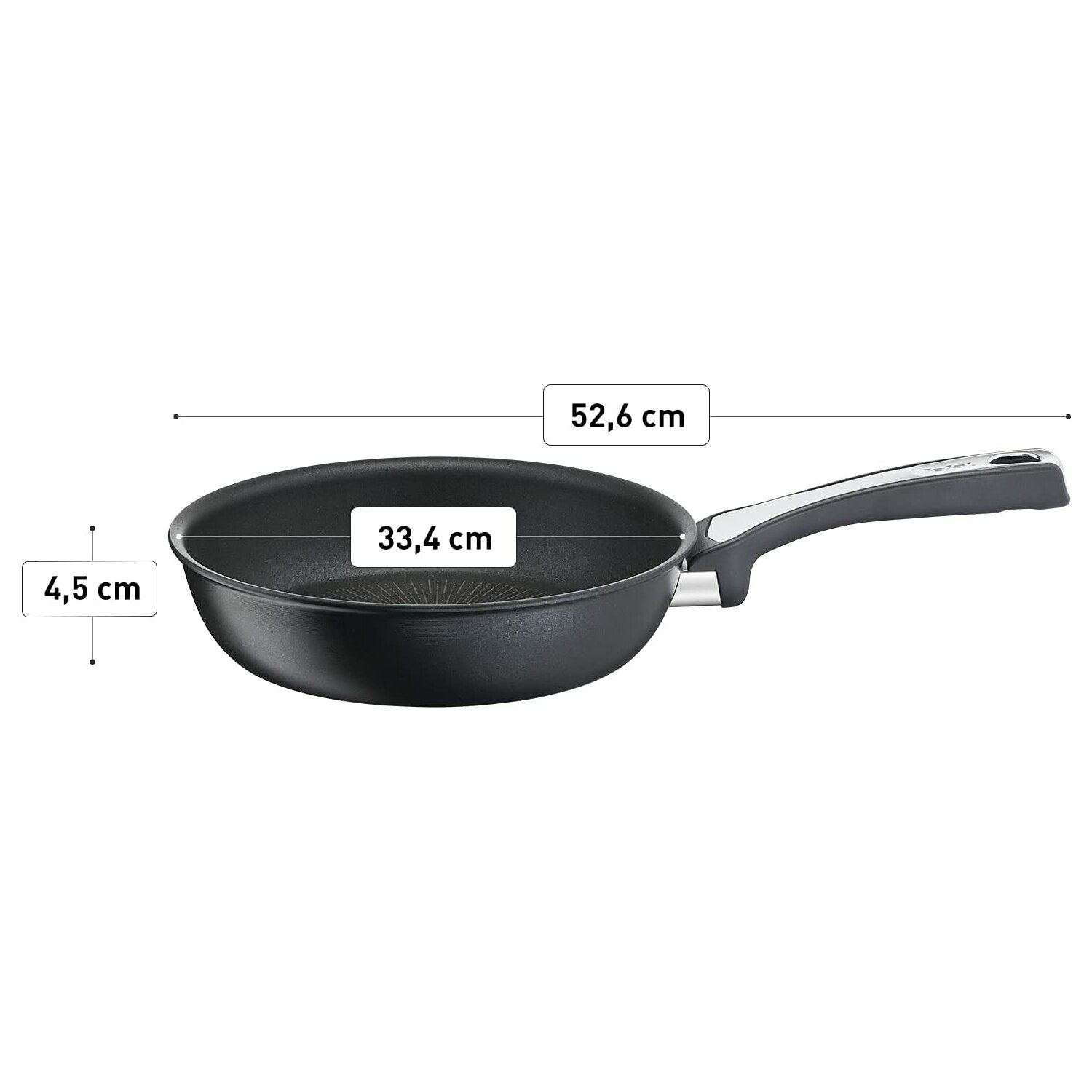Sartén negra con mango blanco, dimensiones 52,6 cm, 33,4 cm y 4,5 cm.