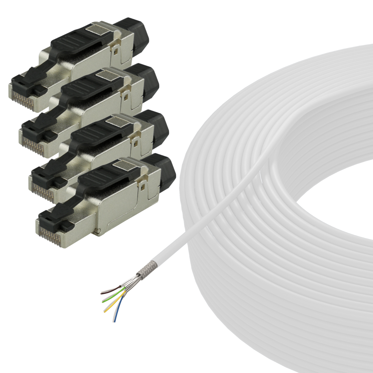 50m 4x 7 Cat LAN S/FTP m 50 RJ-45 Set Stecker 10 Verlegekabel Gigabit, Netzwerkkabel, AIXONTEC