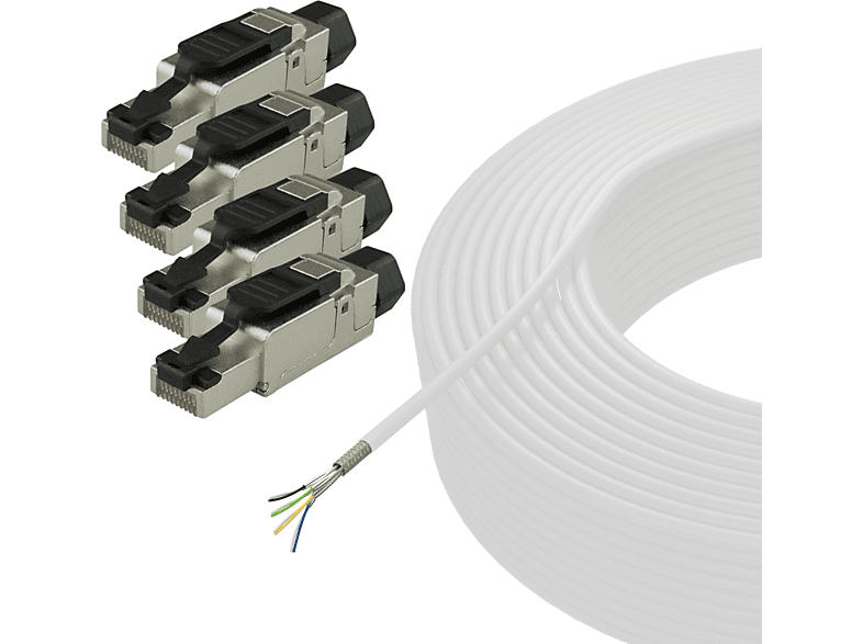 AIXONTEC 50m Cat 7 S/FTP Verlegekabel Set 4x RJ-45 LAN Stecker 10 Gigabit, Netzwerkkabel, 50 m