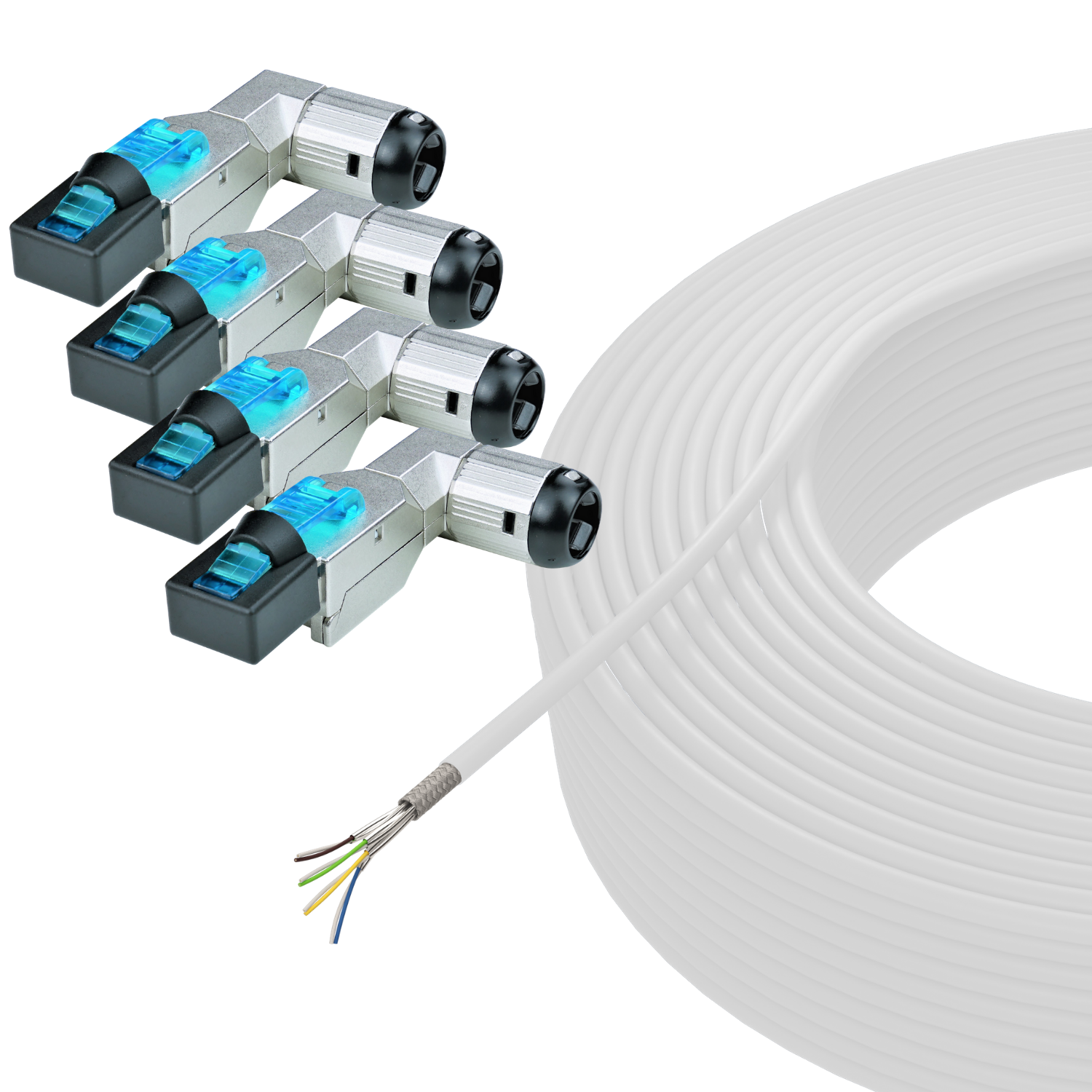 7 Winkelstecker S/FTP 50m 10 Netzwerkkabel, RJ-45 Cat Verlegekabel Gigabit, Set 4x 50 m LAN AIXONTEC