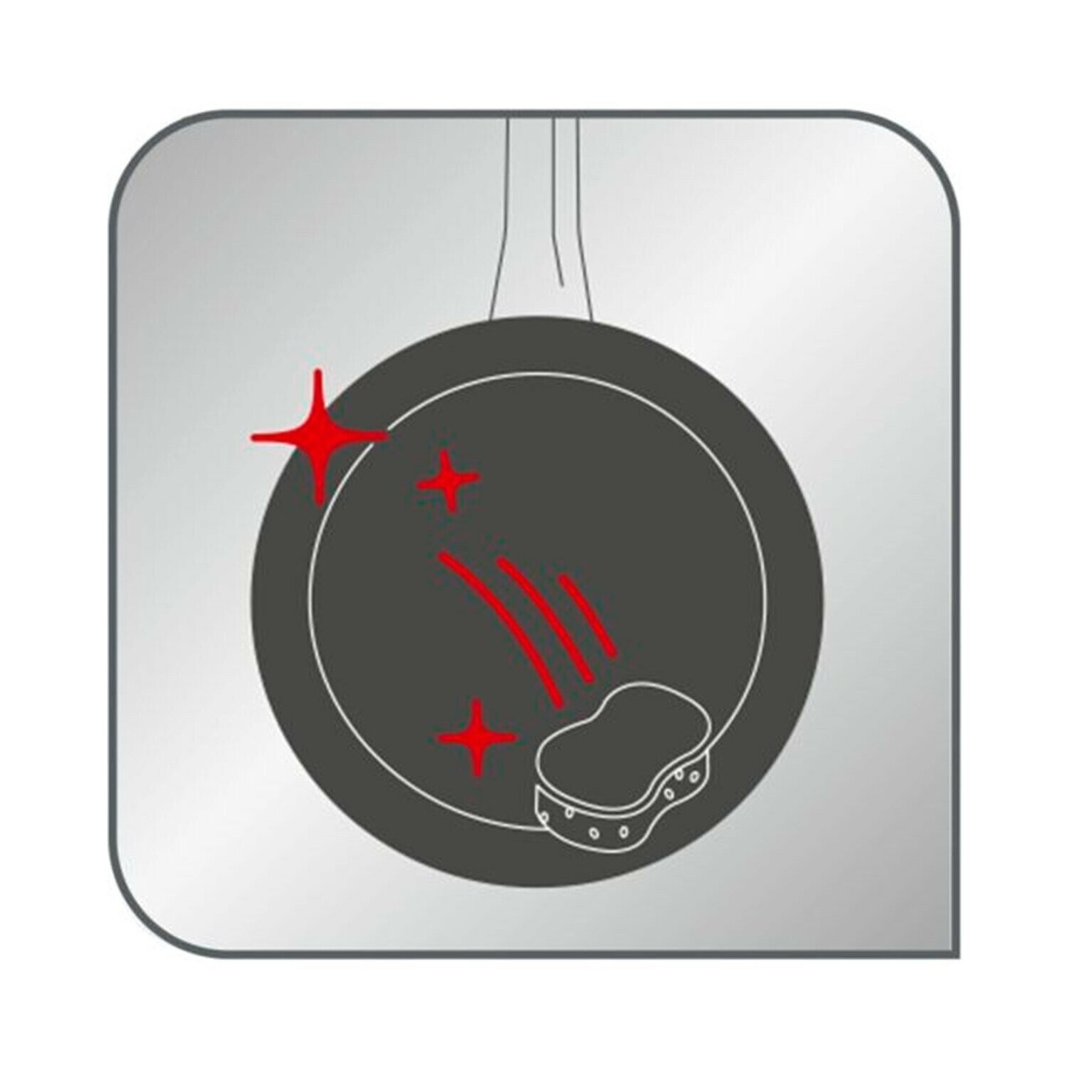 Illustration of a frying pan with a cleaning sponge, and red stars indicating cleanliness.