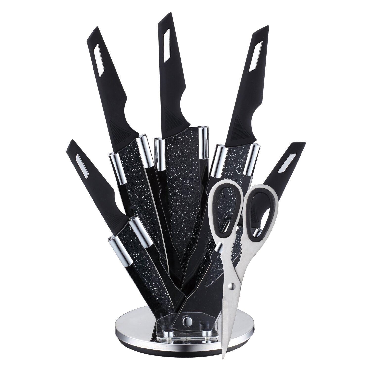 Ein Set Küchenmesser in einem Ständer, mit einer Schere. Die Messer und der Ständer sind schwarz und silber.