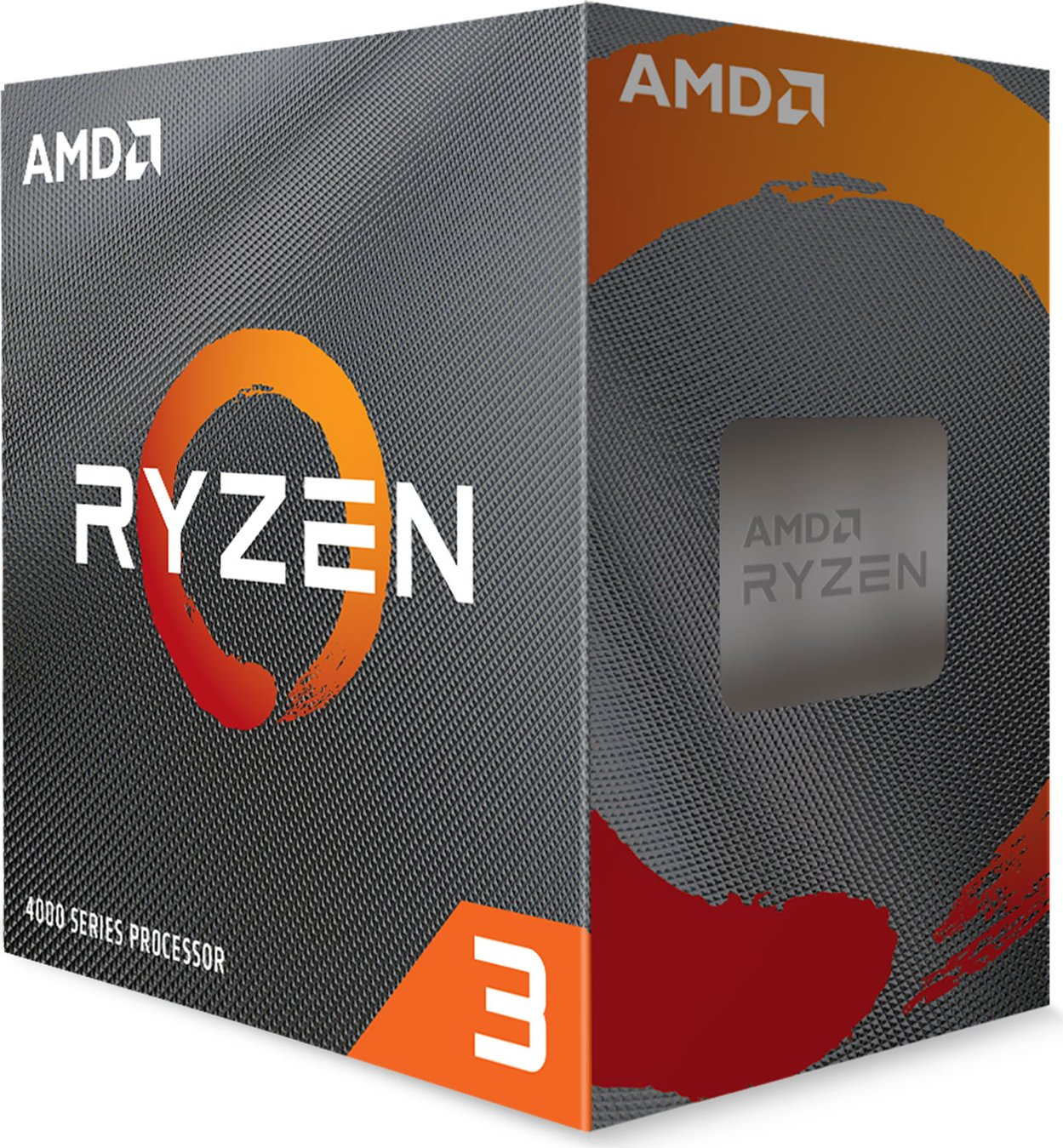 Pudełko procesora AMD Ryzen 3 z logo Ryzen 3 i kolorami czarny/pomarańczowy.