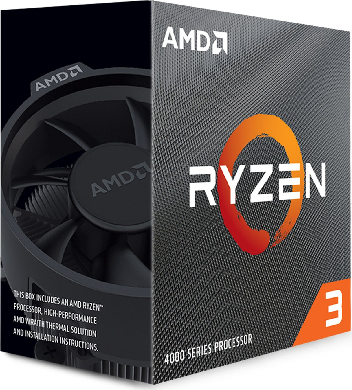 Pudełko procesora AMD Ryzen 3 serii 4000 z marką AMD i Ryzen.