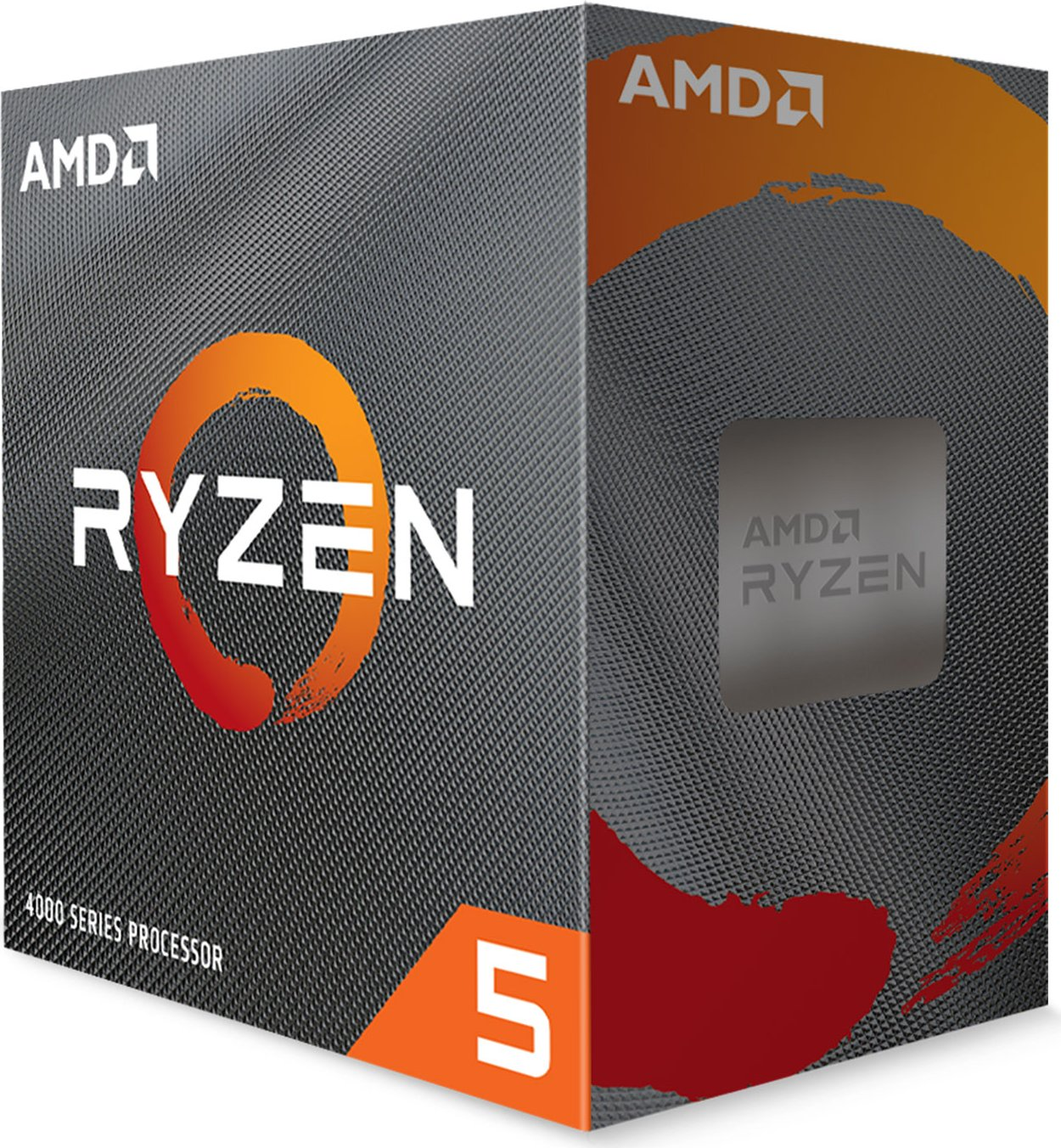Pudełko procesora AMD Ryzen 5. Pomarańczowe logo Ryzen z przodu. Pudełko ciemnoszare z logo AMD na górze.