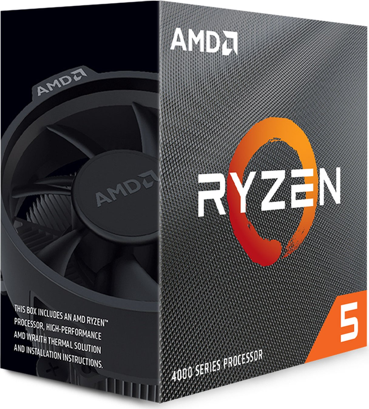Pudełko procesora AMD Ryzen 5 z czarnym wentylatorem po lewej stronie.