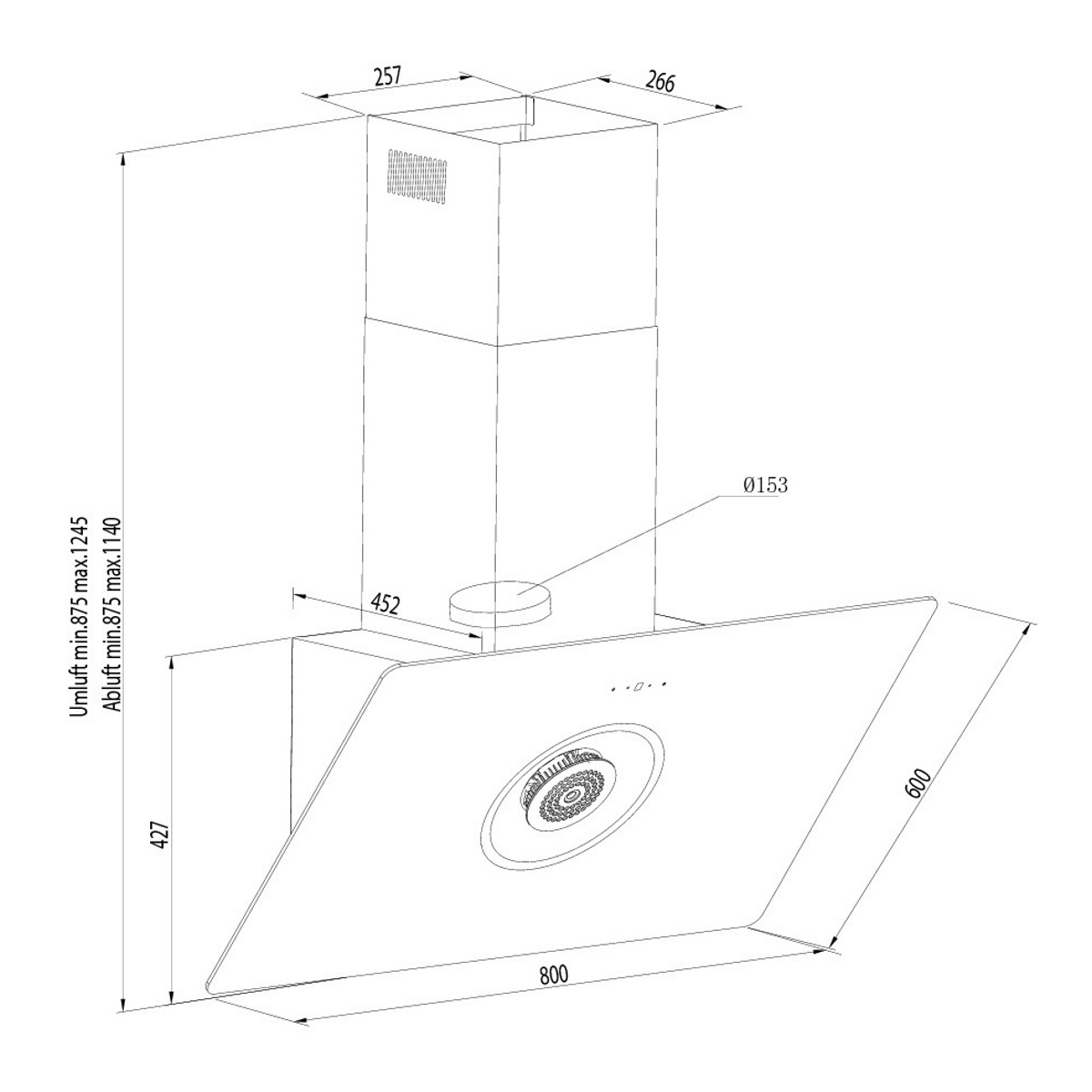 Ein Diagramm einer Dunstabzugshaube mit Abmessungen und Beschriftungen, vor weißem Hintergrund.
