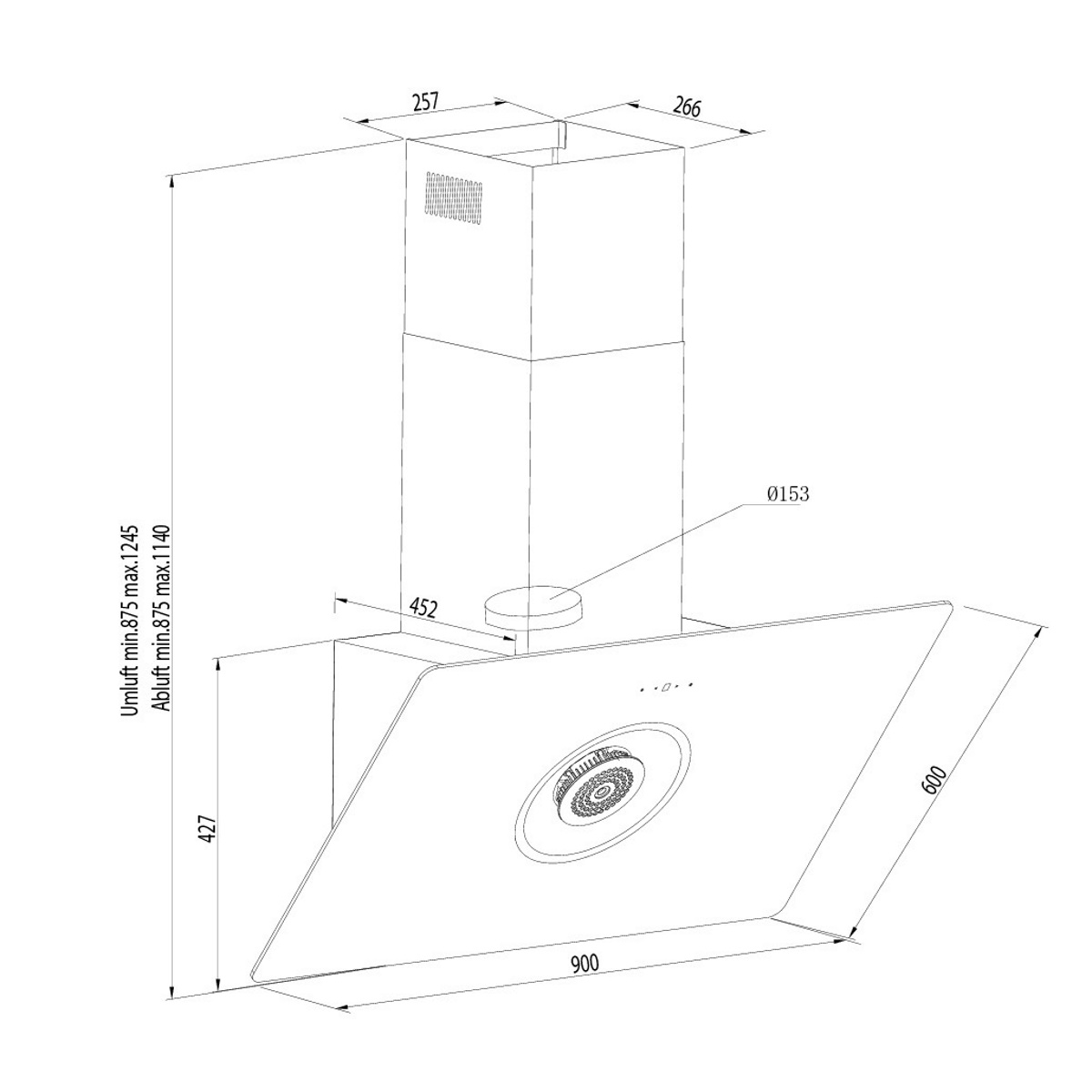 Diagramm einer weißen und silbernen Dunstabzugshaube mit Maßen und Abmessungen.