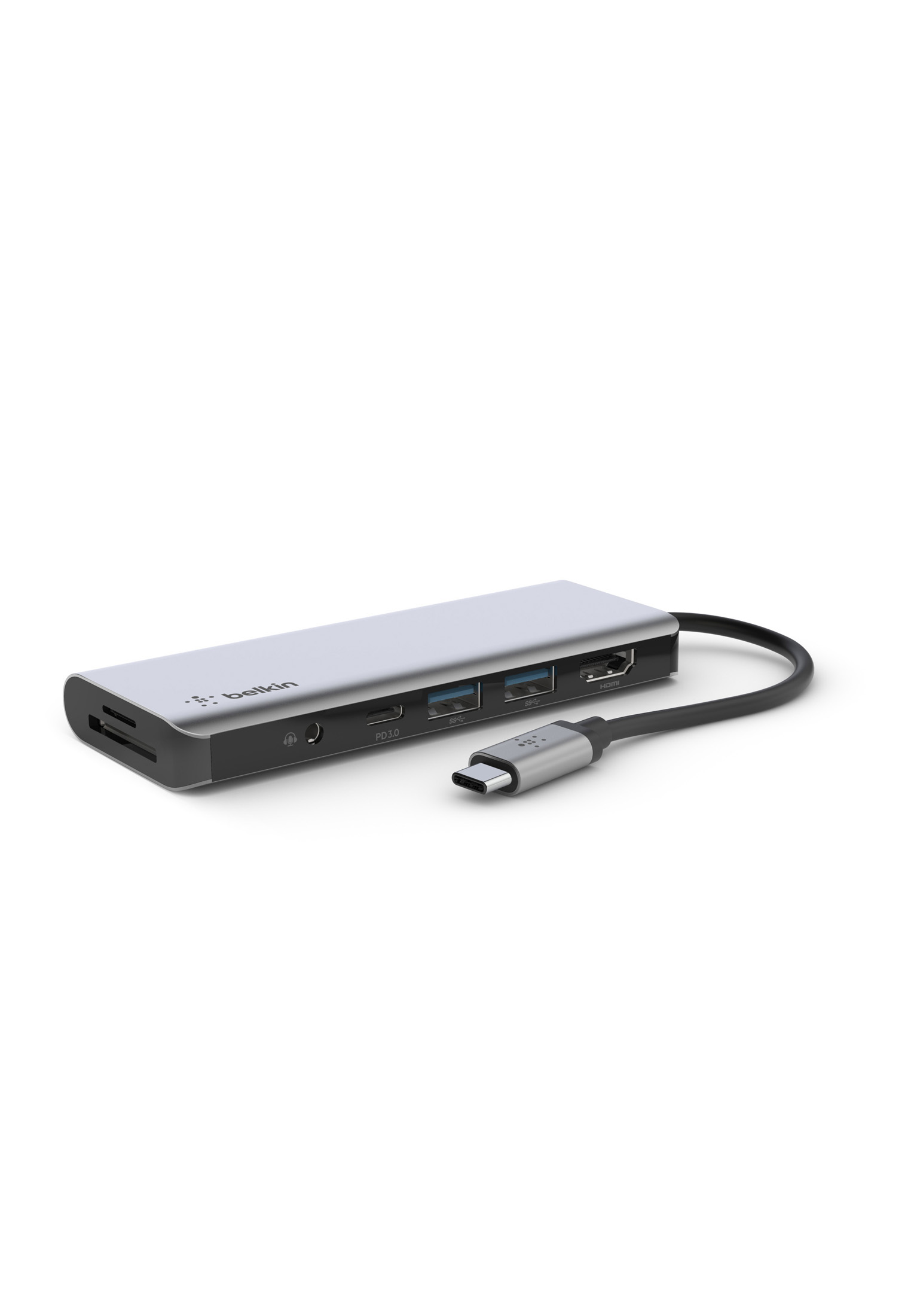 Un adattatore multi-porta argento e nero con un connettore USB-C e varie porte.