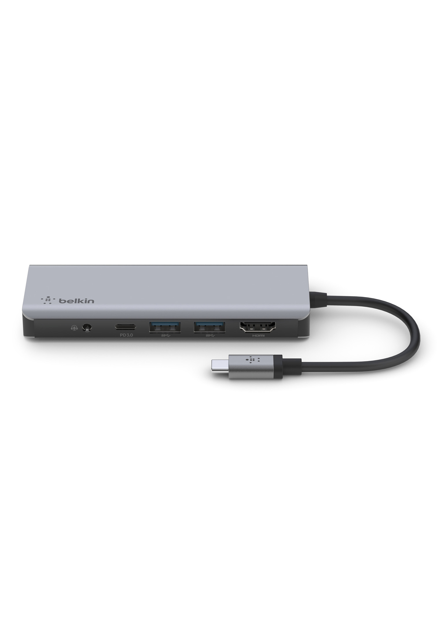Un hub USB-C grigio Belkin con più porte e un cavo USB-C nero collegato. Sfondo bianco.