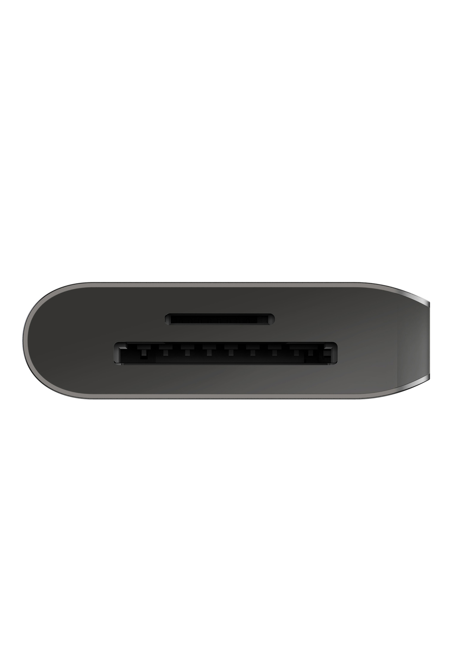 Un adattatore USB-C grigio scuro, vista da vicino.