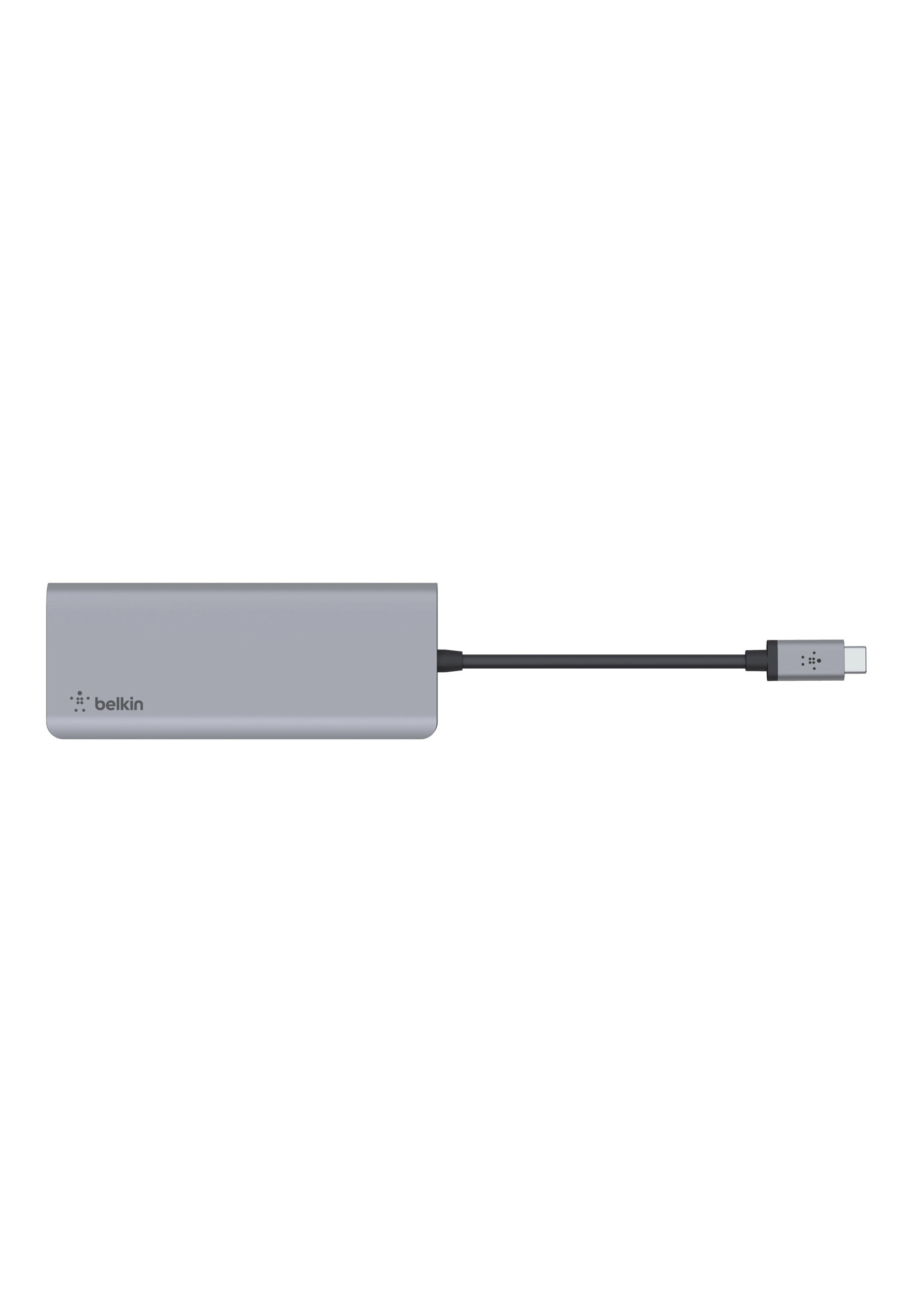 Un hub USB-C Belkin color argento con cavo nero e connettore USB-C, su sfondo bianco.