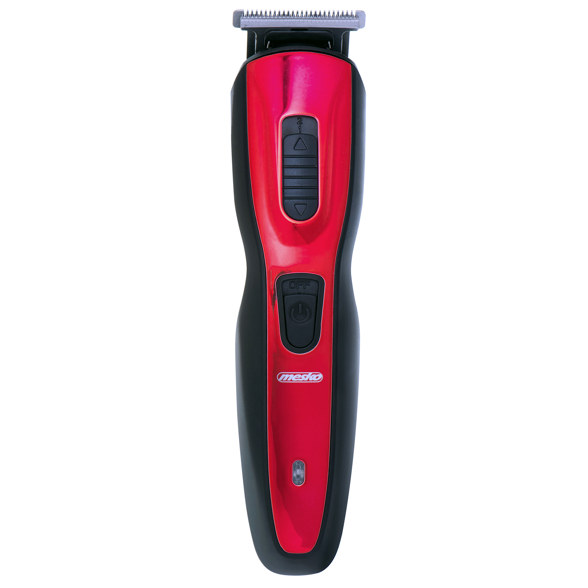 Una recortadora de cabello roja y negra. Con botón de encendido/apagado e indicador de encendido.