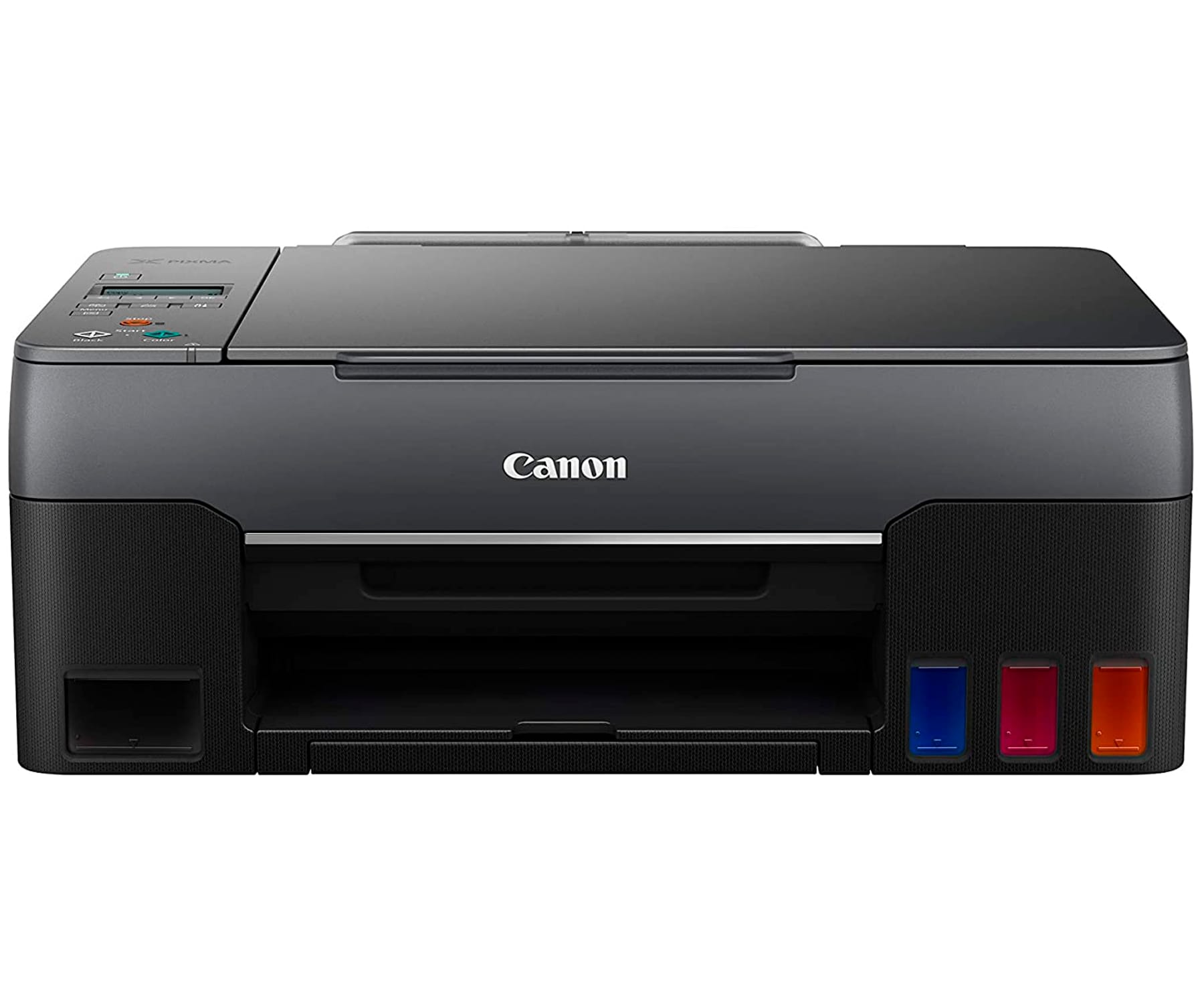 Drukarka Canon, ciemnoszara z czarnymi akcentami i kolorowymi wkładami atramentowymi. Na białym tle.