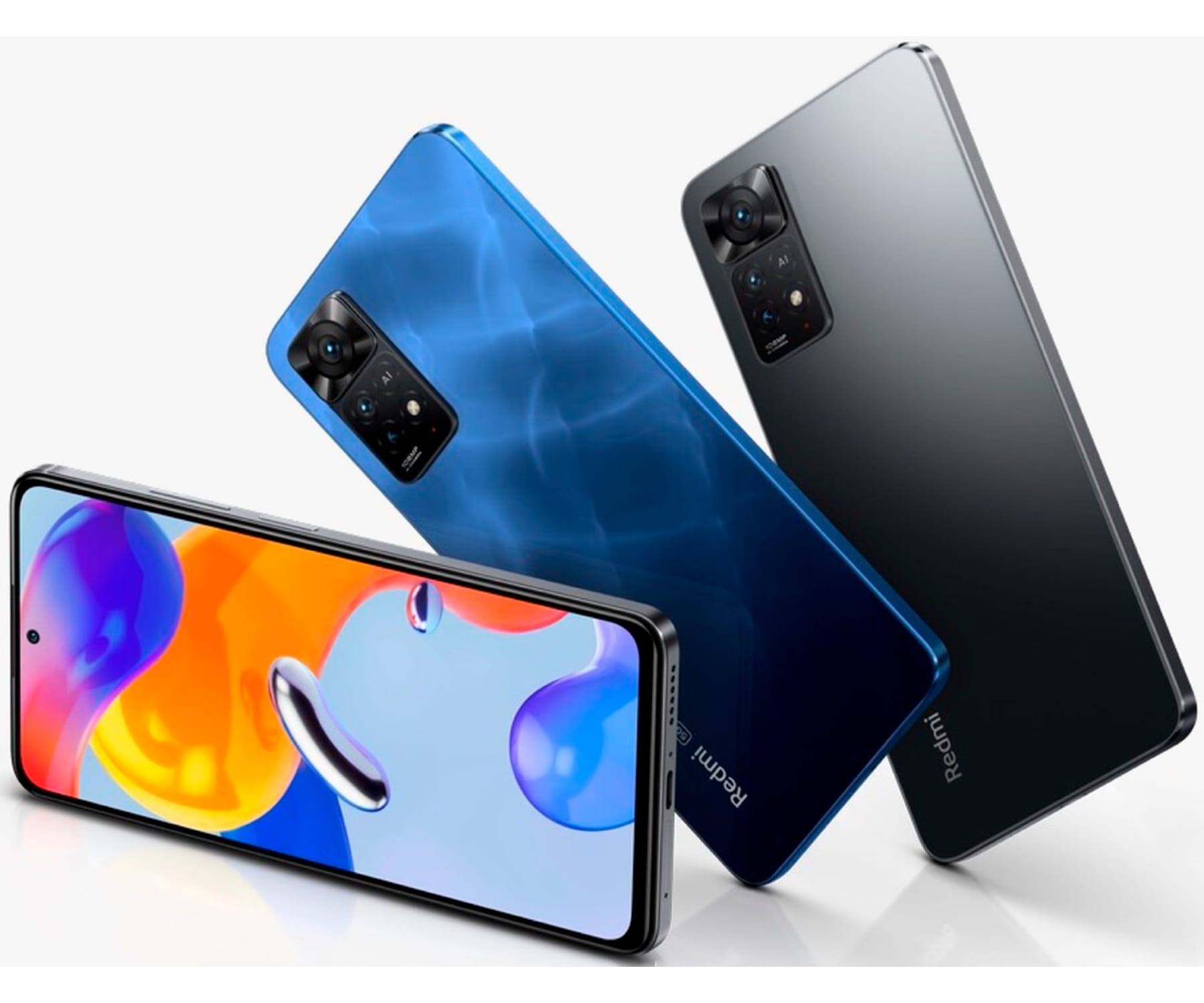 Tres teléfonos inteligentes: uno negro con pantalla azul, dos en colores azul y gris.
