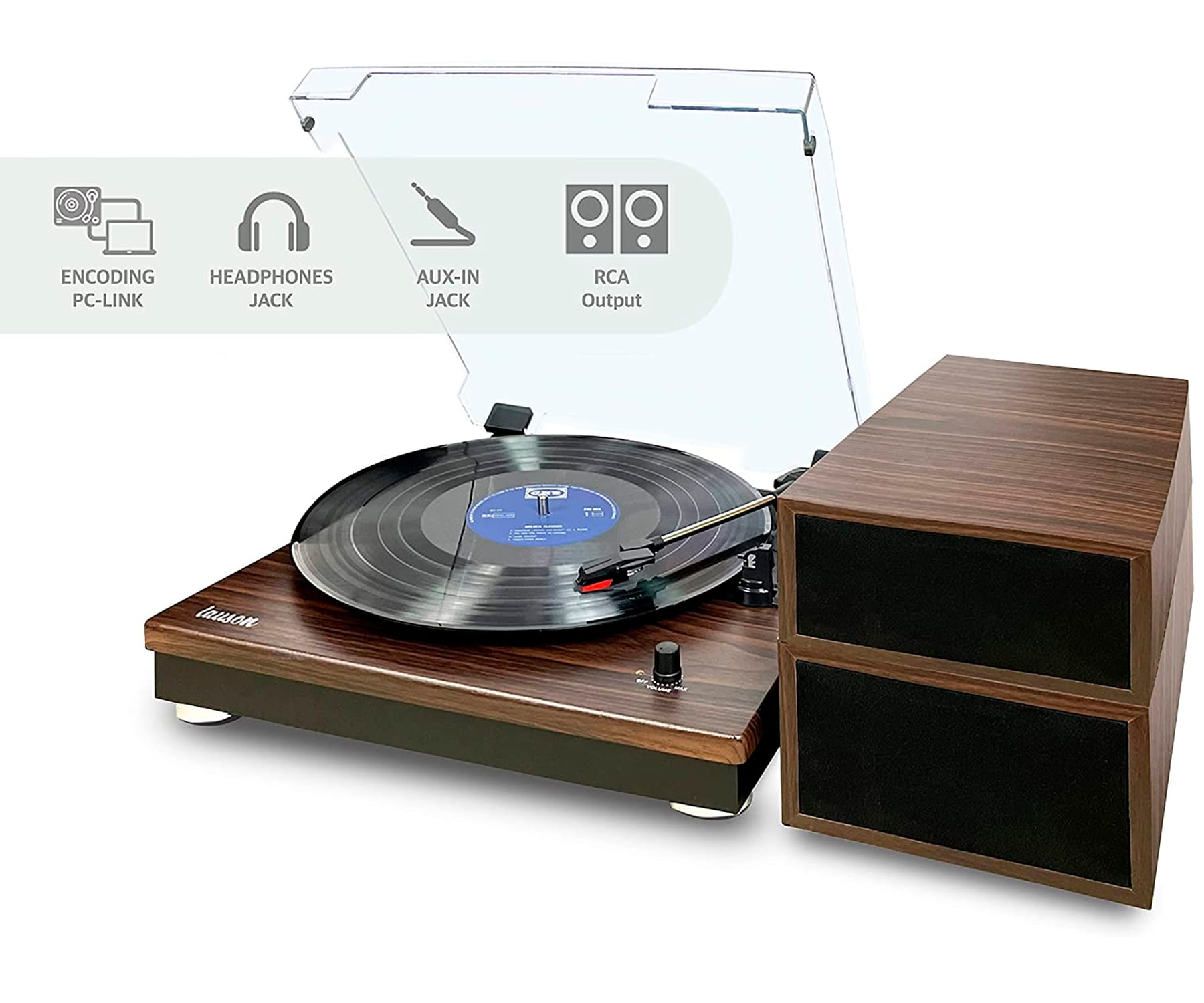 Un giradischi con finitura in legno, altoparlanti e icone per le opzioni di connettività.