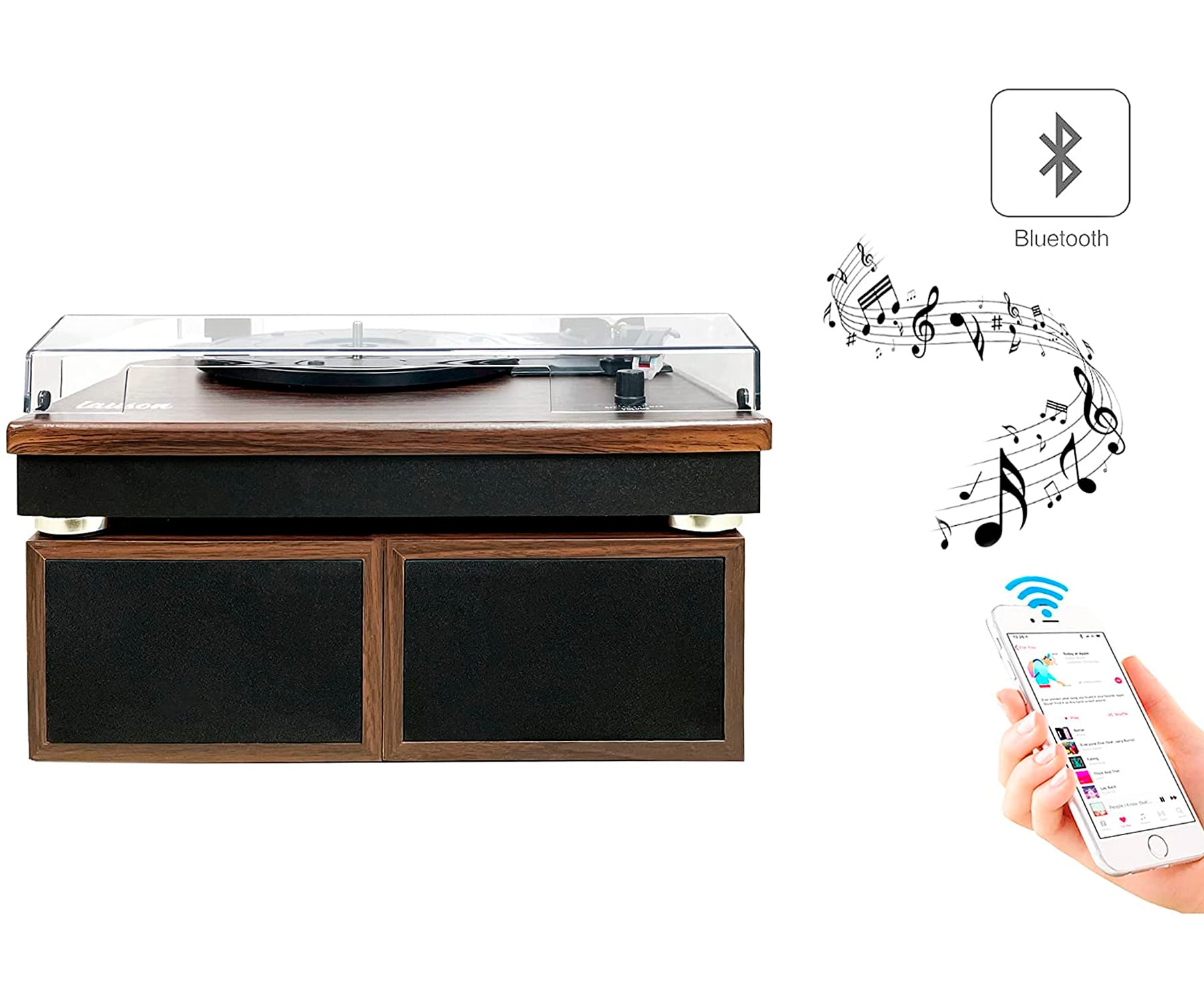 Giradischi con altoparlanti, simbolo Bluetooth e telefono con app musicale.