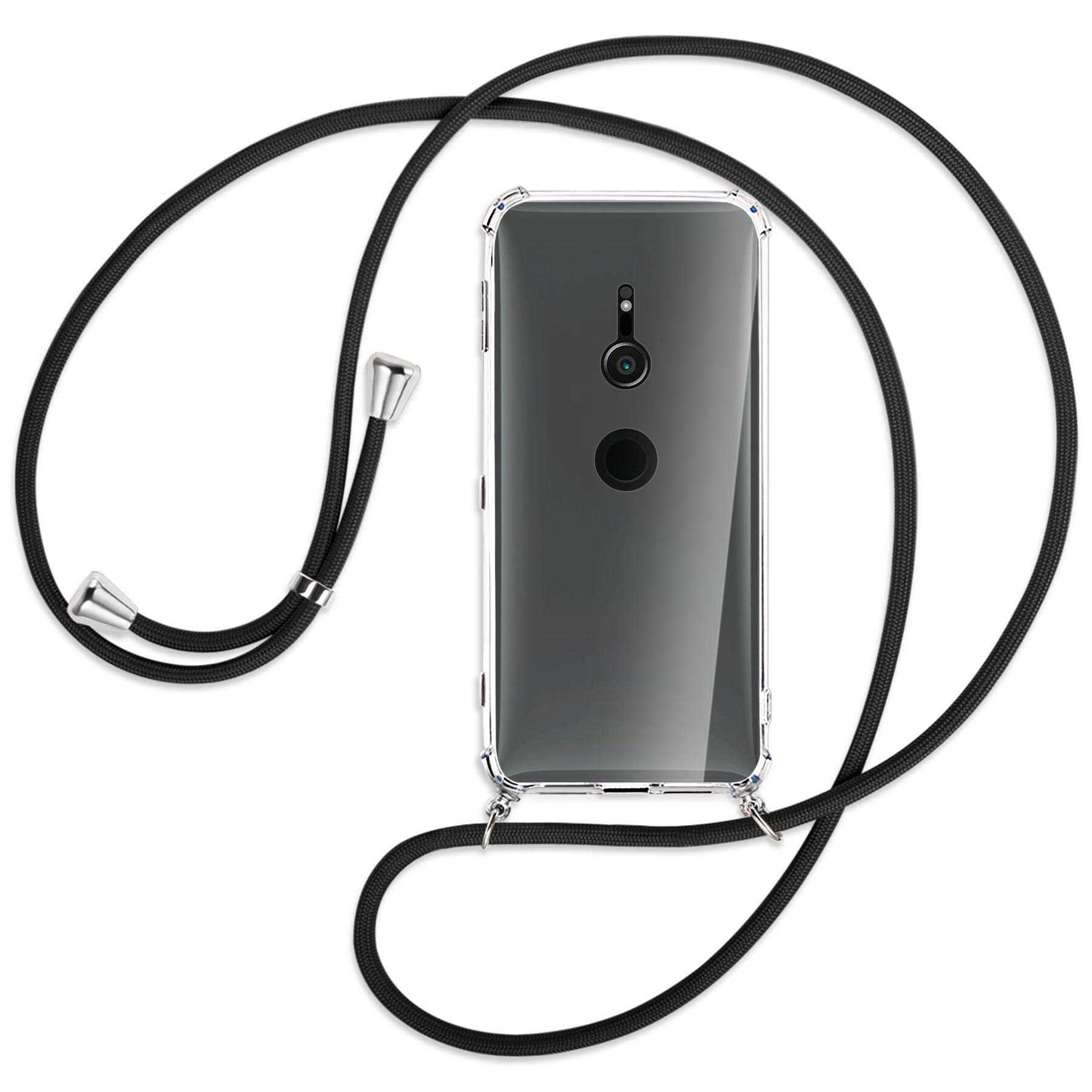Transparente Handyhülle mit schwarzem Umhängeband, silberfarbenen Akzenten.