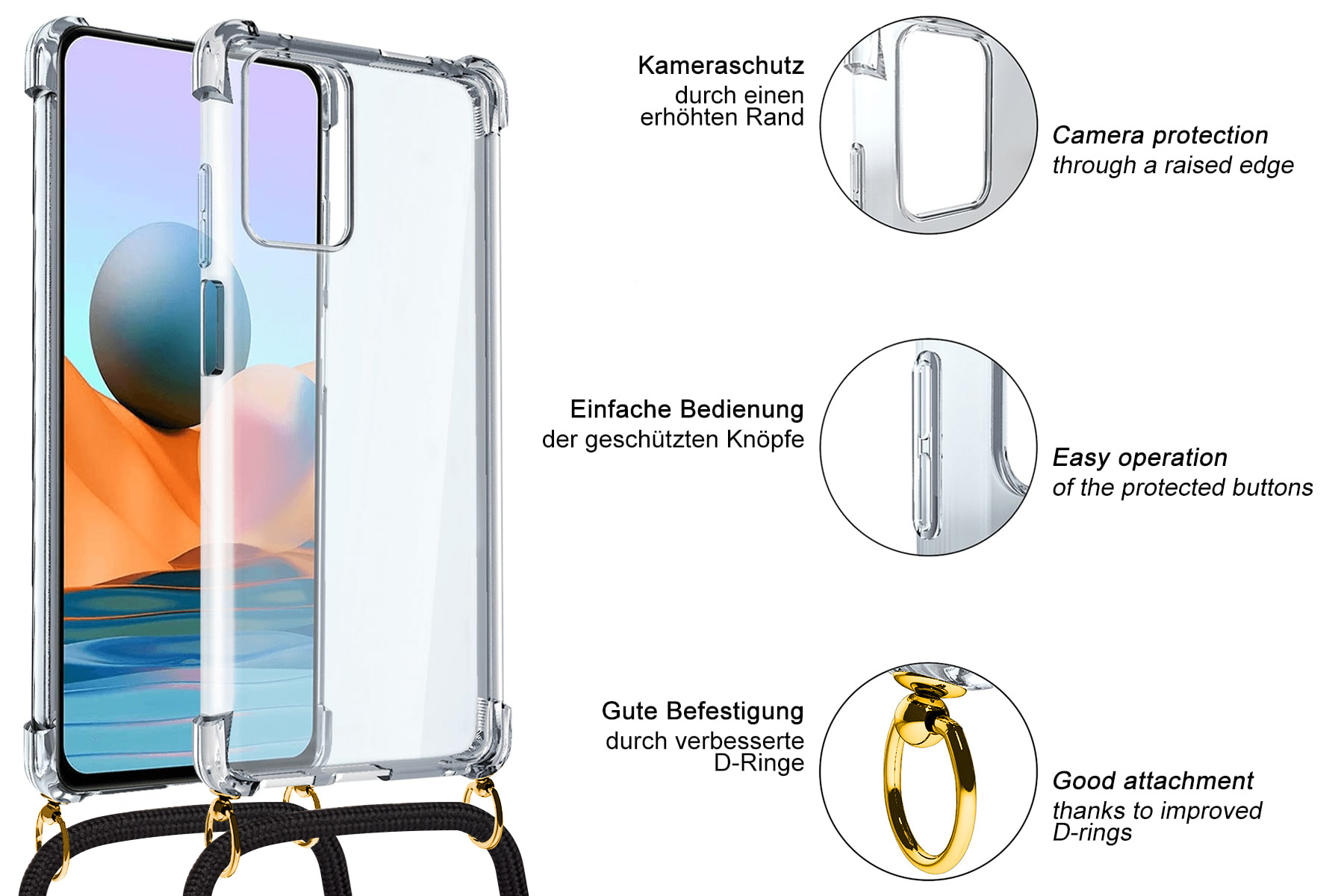 gold mit Xiaomi, Umhänge-Hülle MORE MTB 12 Schwarz ENERGY Kordel, 4G, Backcover, / Redmi