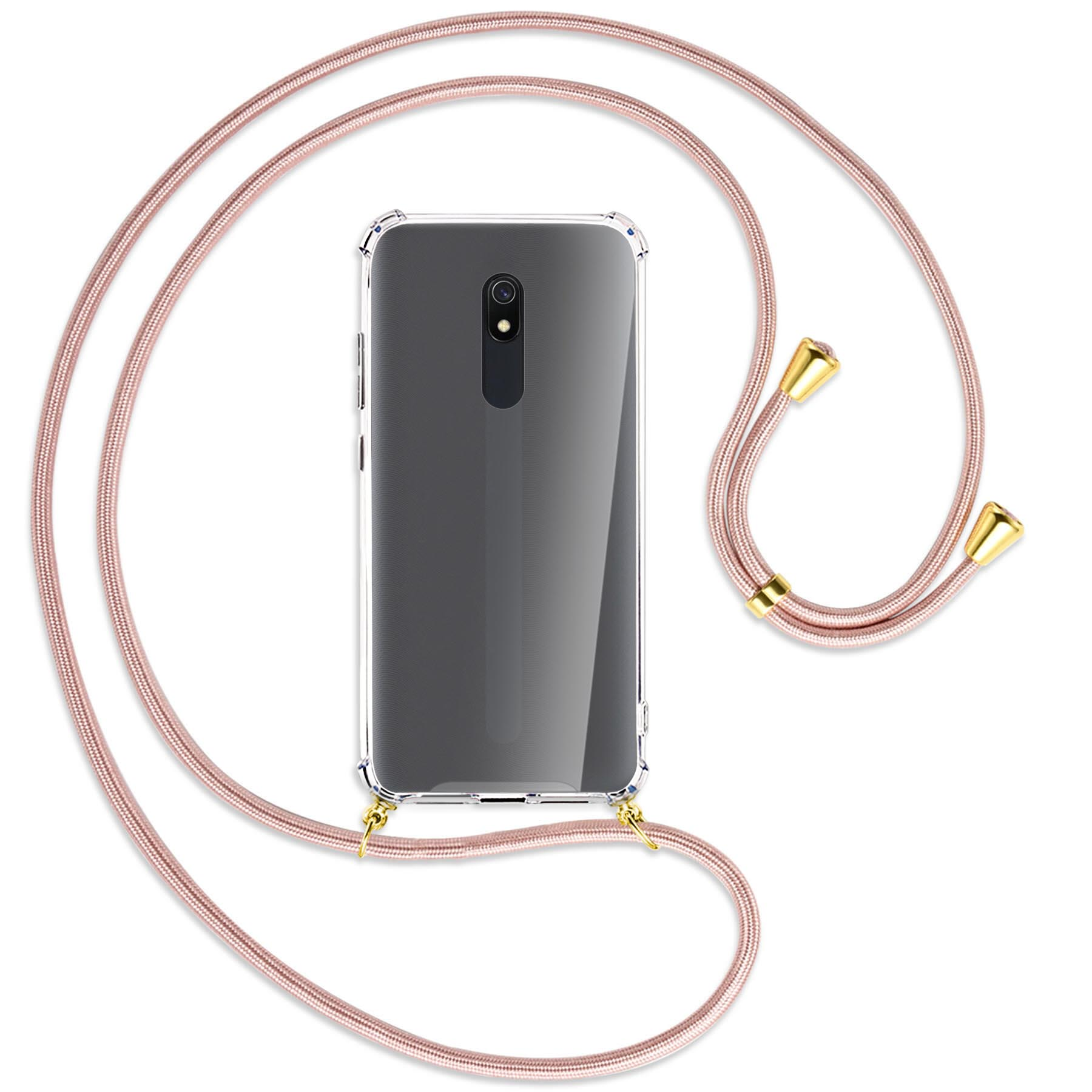 Eine transparente Handyhülle mit pinkfarbenem Umhängeband. Telefon hat eine Kamera.