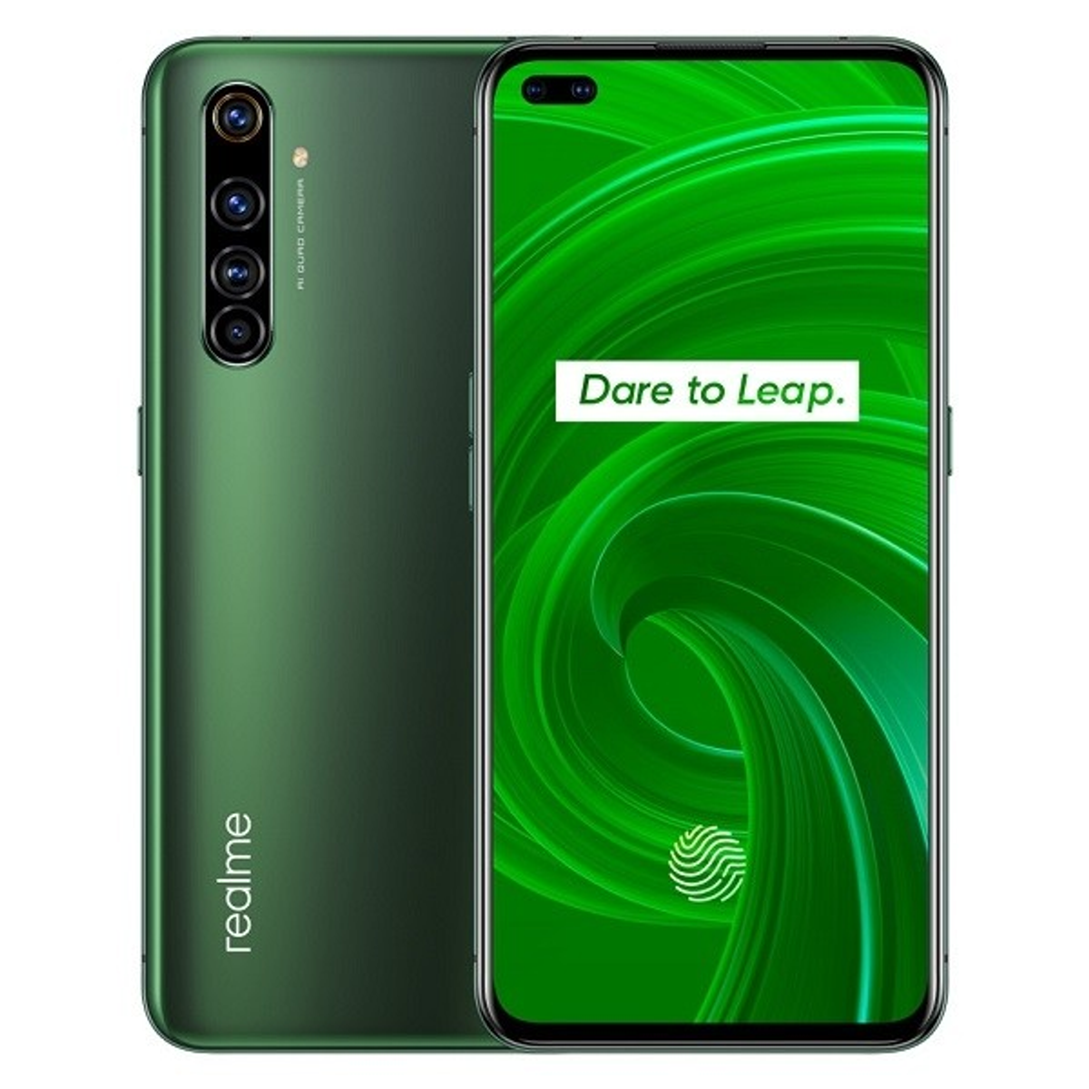Grünes Realme-Telefon mit mehreren Rückkameras. Der Bildschirm zeigt einen Startbildschirm. Weißer Hintergrund.