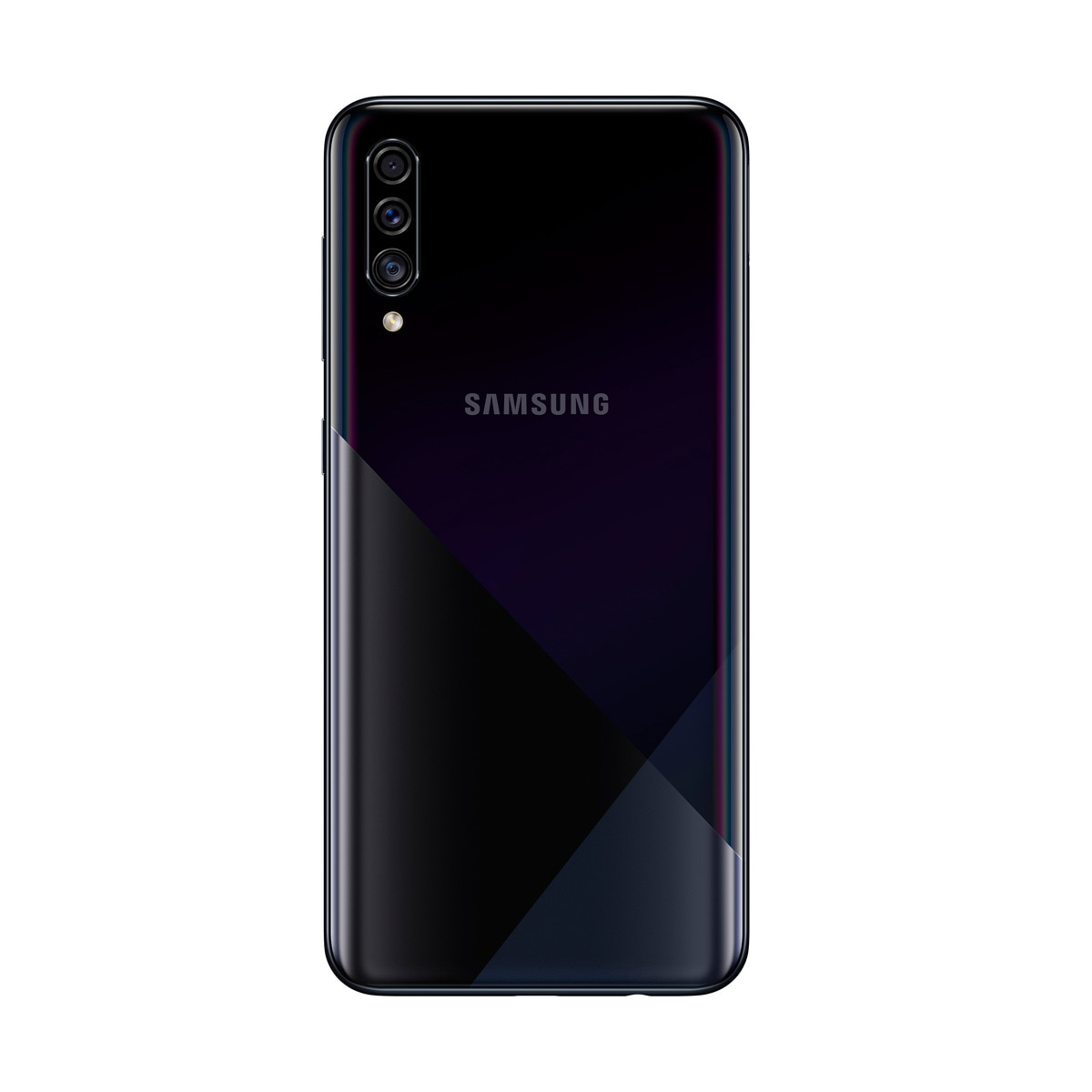 Schwarzes Samsung-Handy, Rückansicht, mit drei Kameras. Farbverlauf-Design auf der Rückseite.