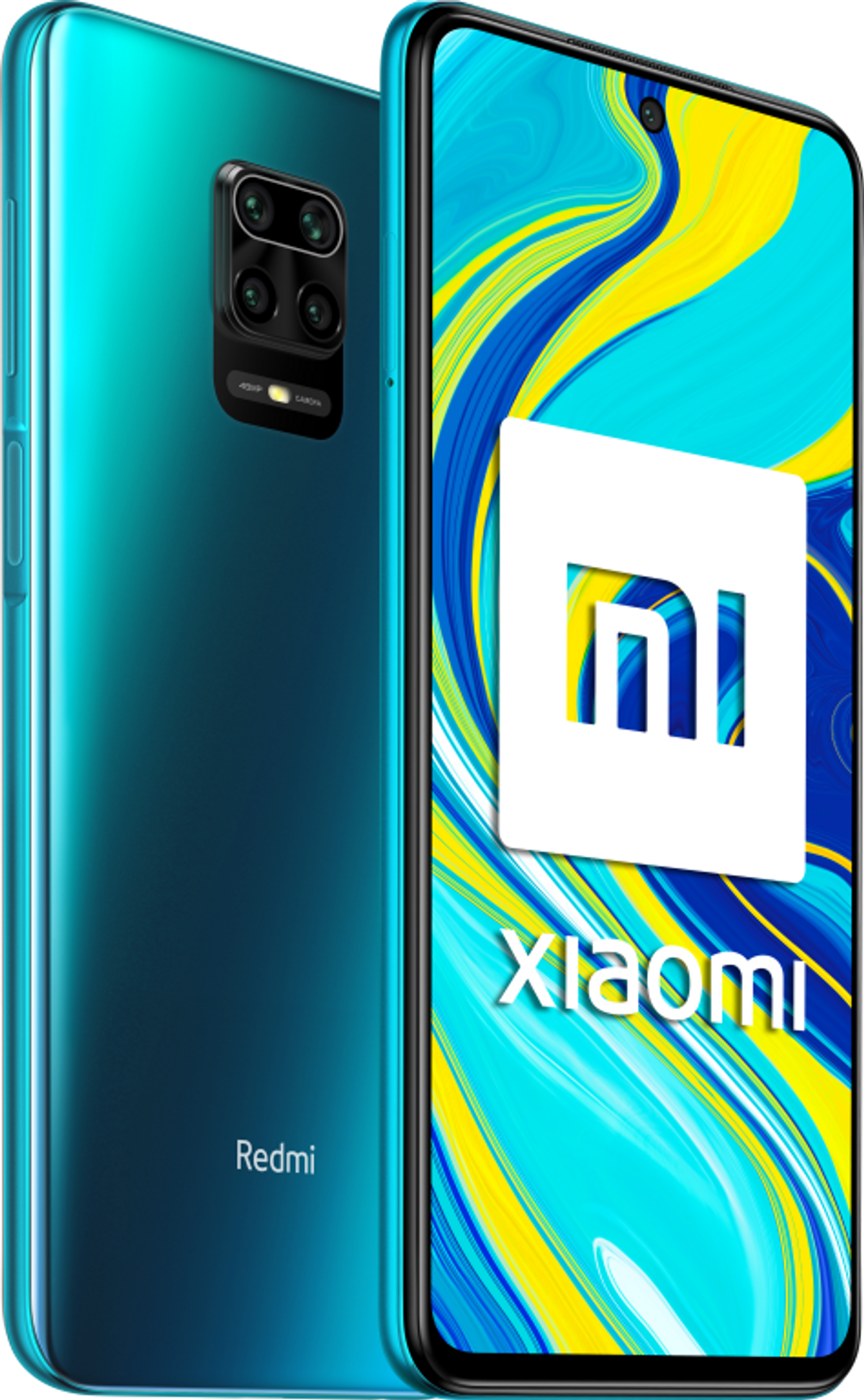 Ein türkisfarbenes Xiaomi Redmi Telefon, Rück- und Seitenansicht. Xiaomi-Logo auf dem Bildschirm.