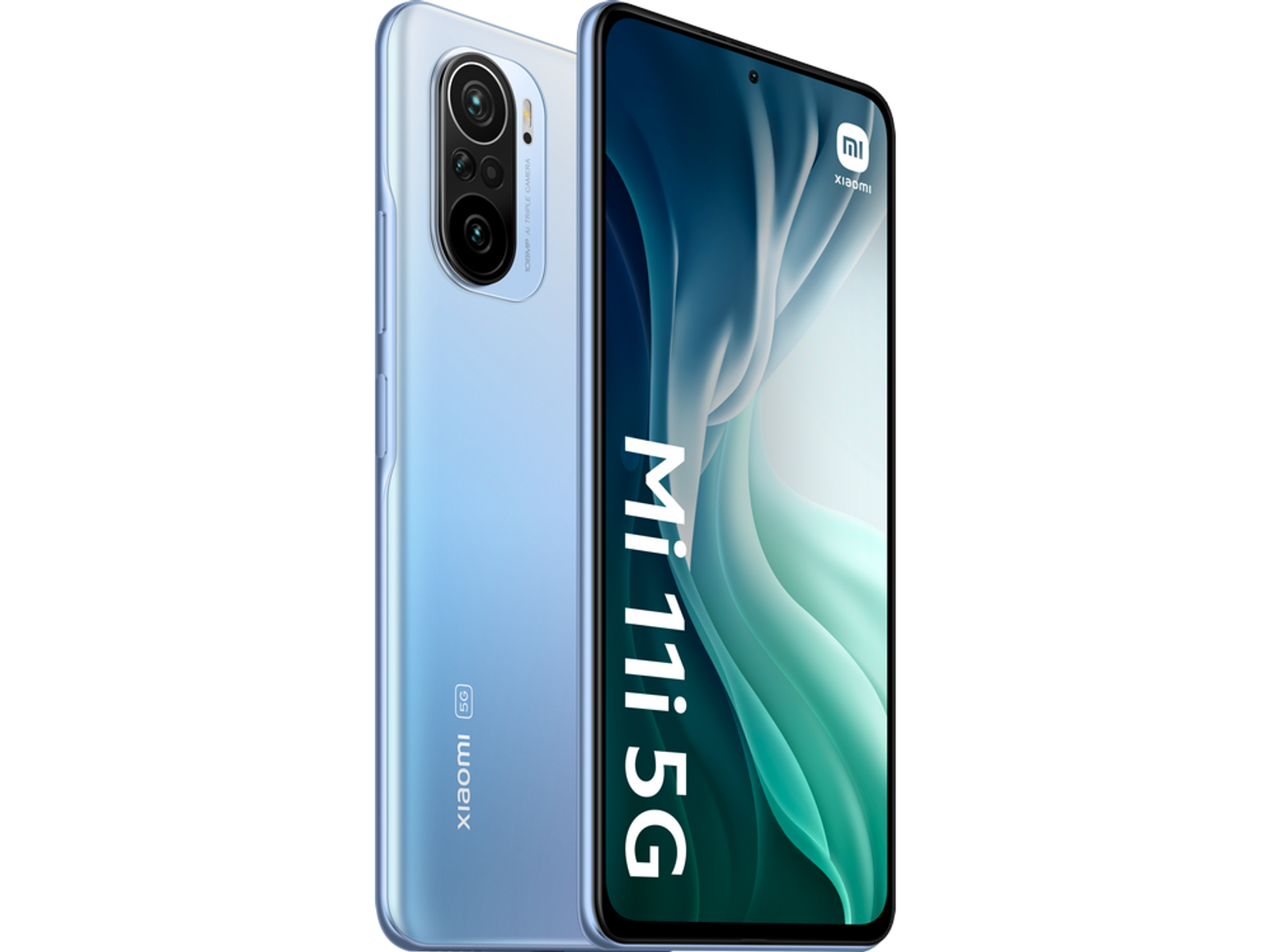 Niebieski smartfon Xiaomi Mi 11i 5G. Ekran pokazuje logo Mi 11i 5G.