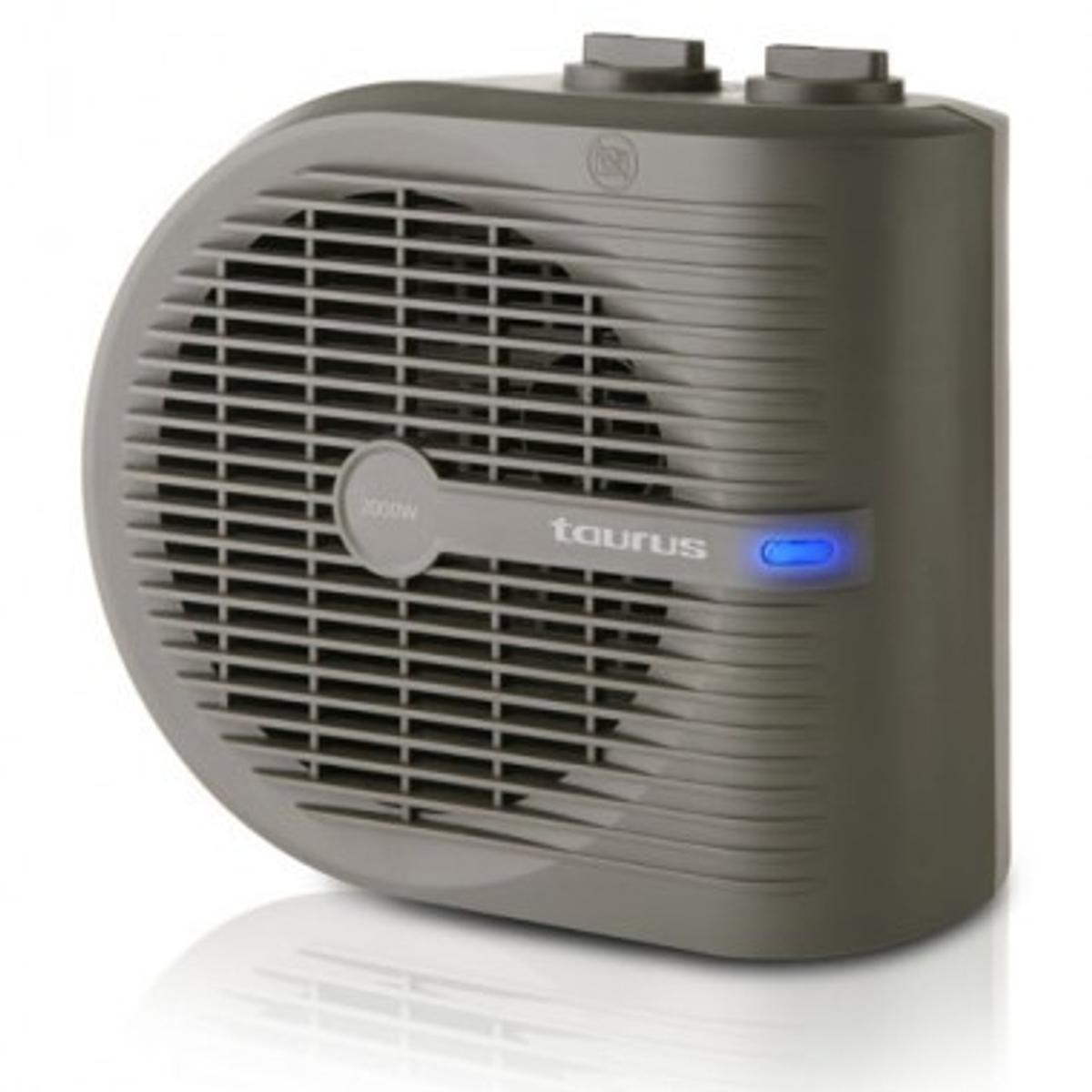 Un calefactor Taurus gris con rejilla de ventilador y botones. Una luz azul está encendida.