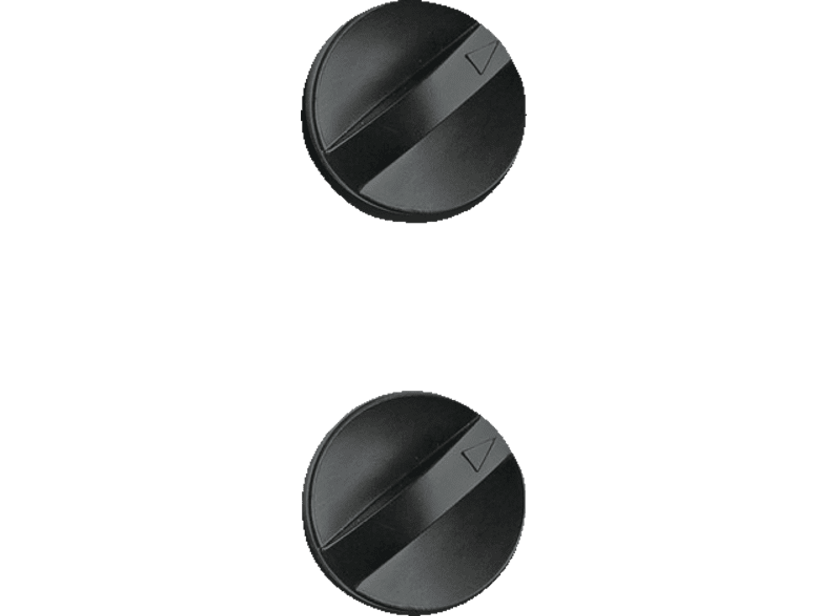 Dwa czarne pokrętła na czarnym tle. Pokrętła mają strzałkę skierowaną do góry.