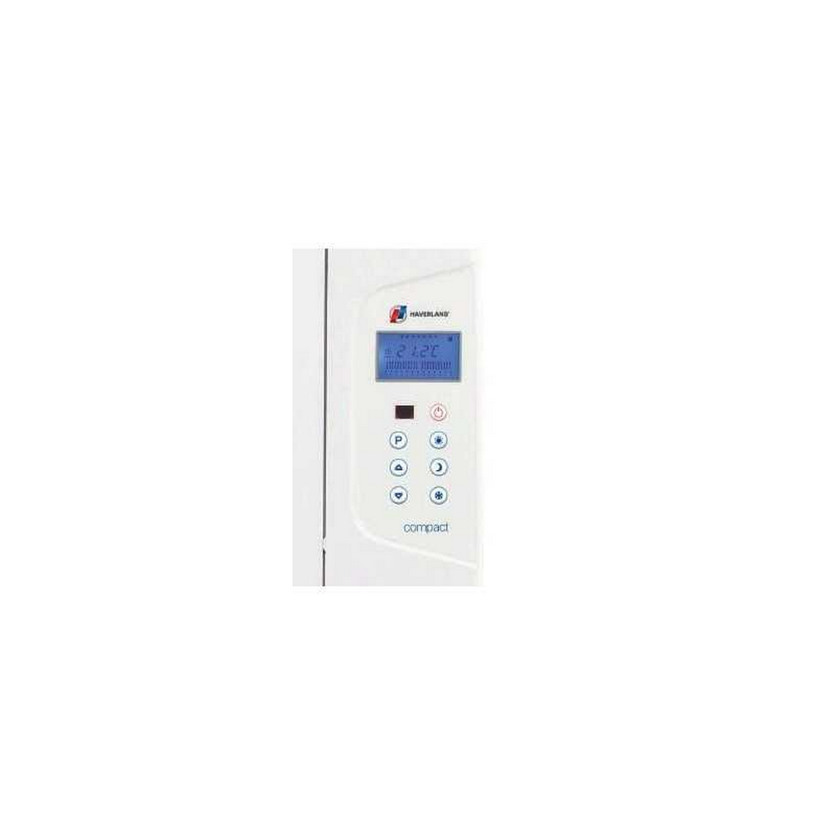 Panel digital de un calentador que muestra la temperatura y los botones de configuración. Texto compacto visible.