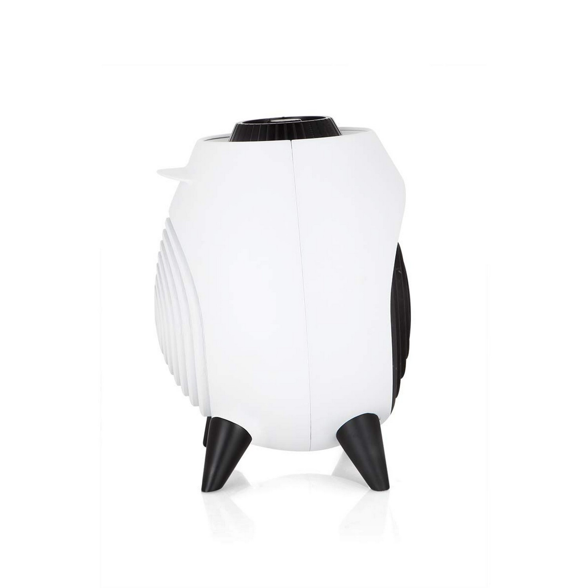 Biało-czarny grzejnik elektryczny o zaokrąglonym kształcie.