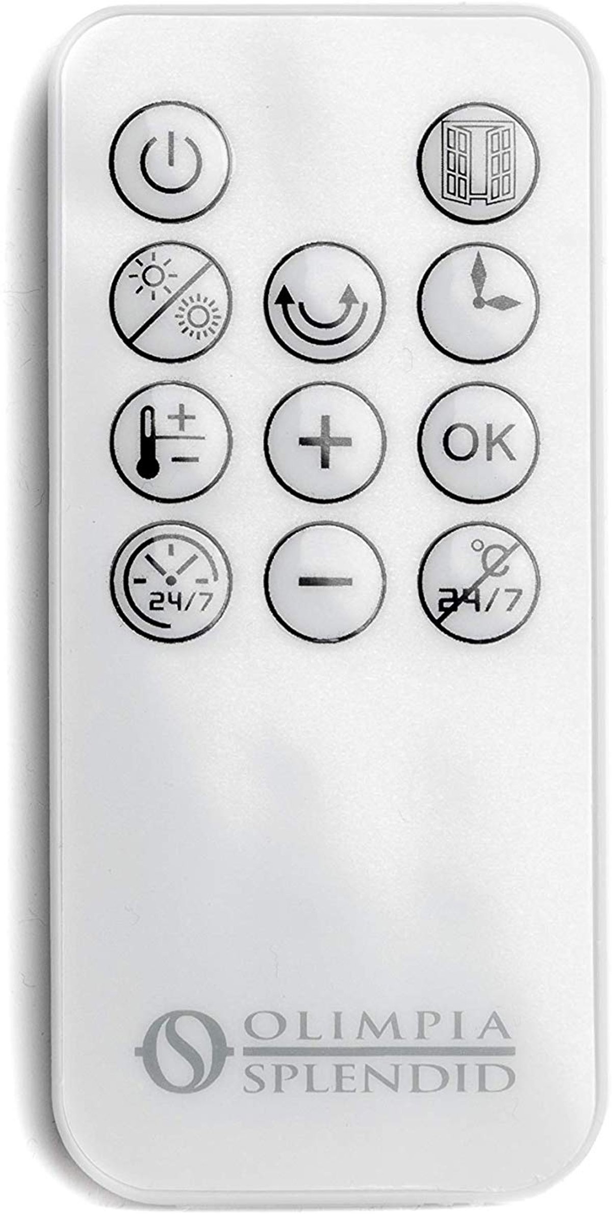 Biały pilot z ikonami przycisków: zasilanie, słońce, góra, dół, zegar, 24/7 i OK.